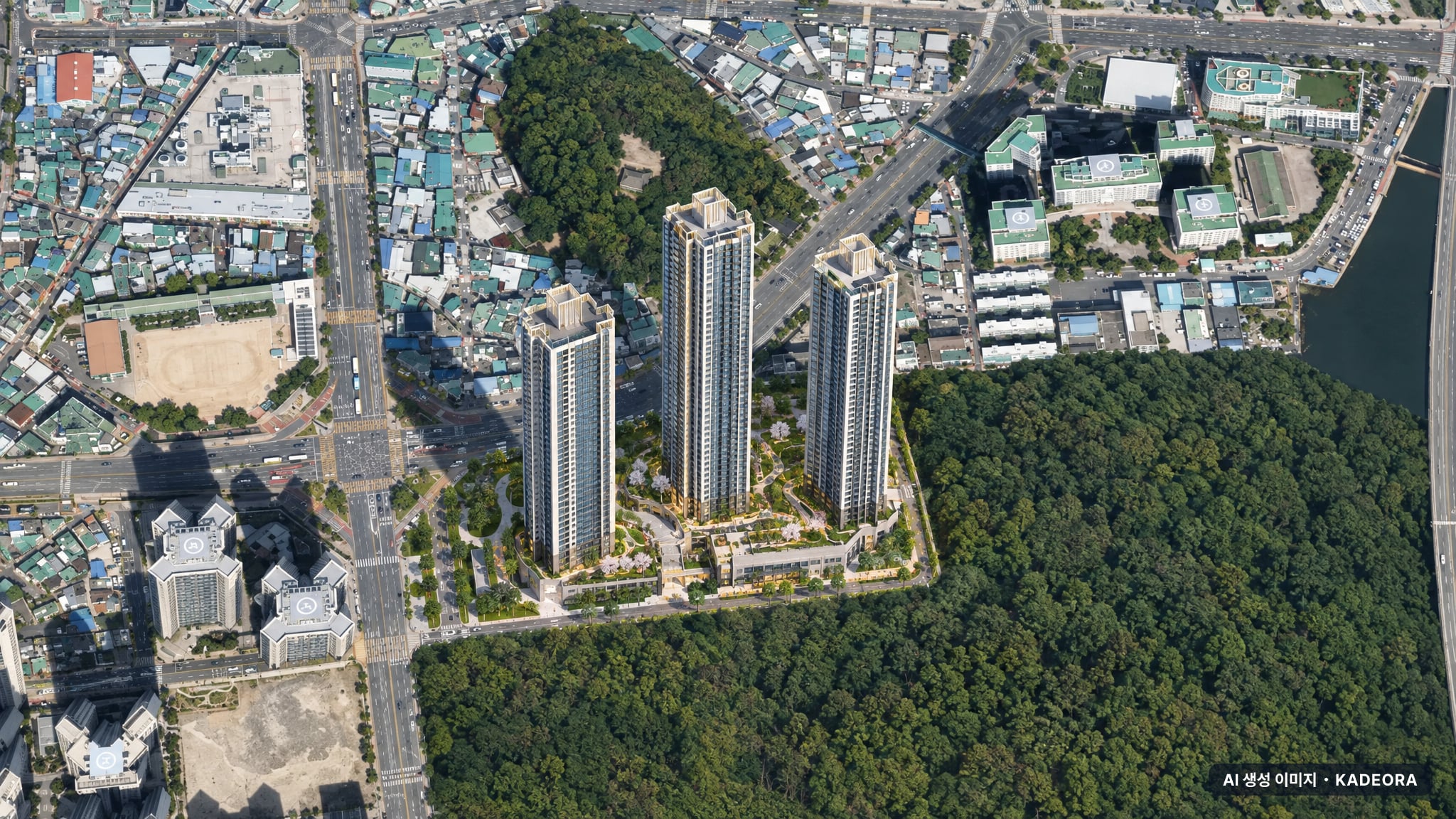 블랑 써밋 74 주간 항공 상상도 · AI 생성 이미지로 실제와 다를 수 있음 블랑 써밋 74 단지 전경 AI 상상도(주간 항공) — 부산 동구 착공 998세대