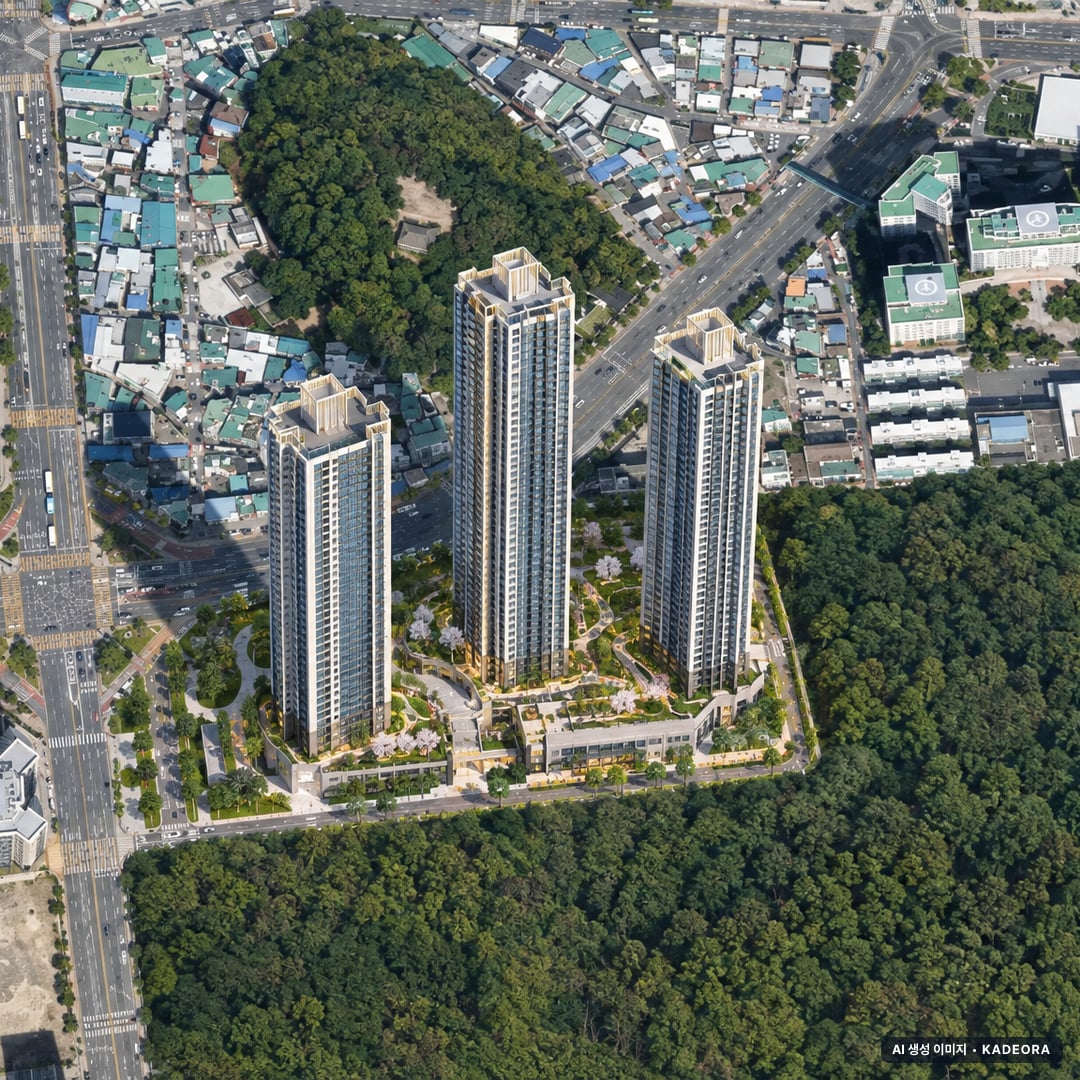 블랑 써밋 74 단지 전경 AI 상상도(주간 항공) — 부산 동구 착공 998세대