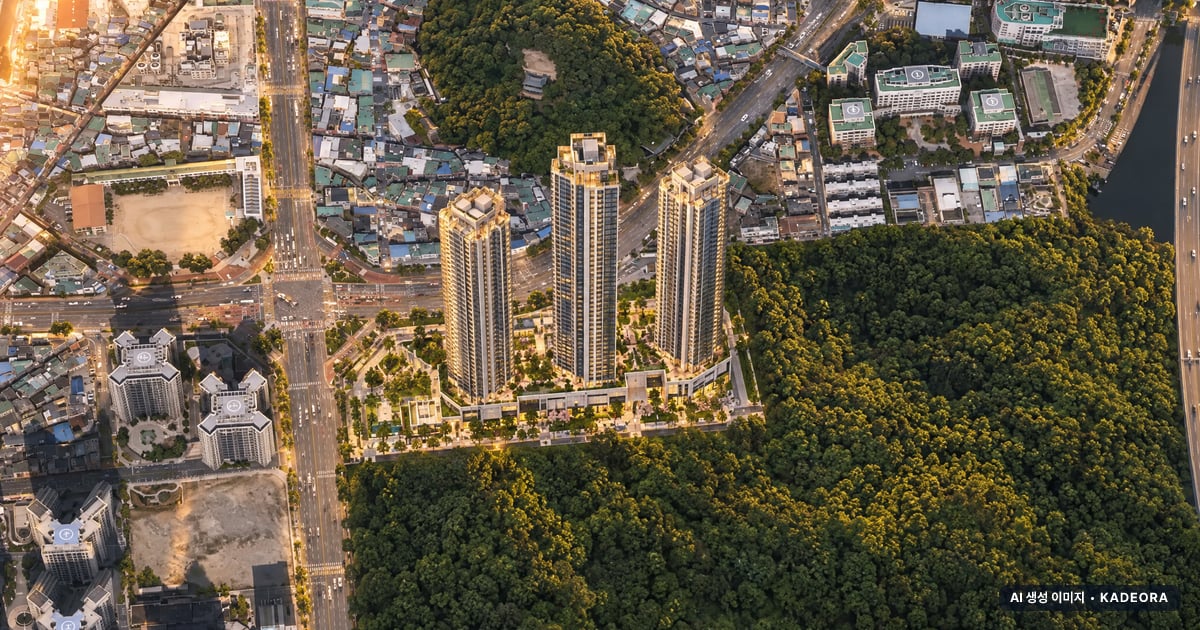 블랑 써밋 74 노을 항공 상상도 · AI 생성 이미지로 실제와 다를 수 있음 블랑 써밋 74 단지 전경 AI 상상도(노을 항공) — 부산 동구 착공 998세대