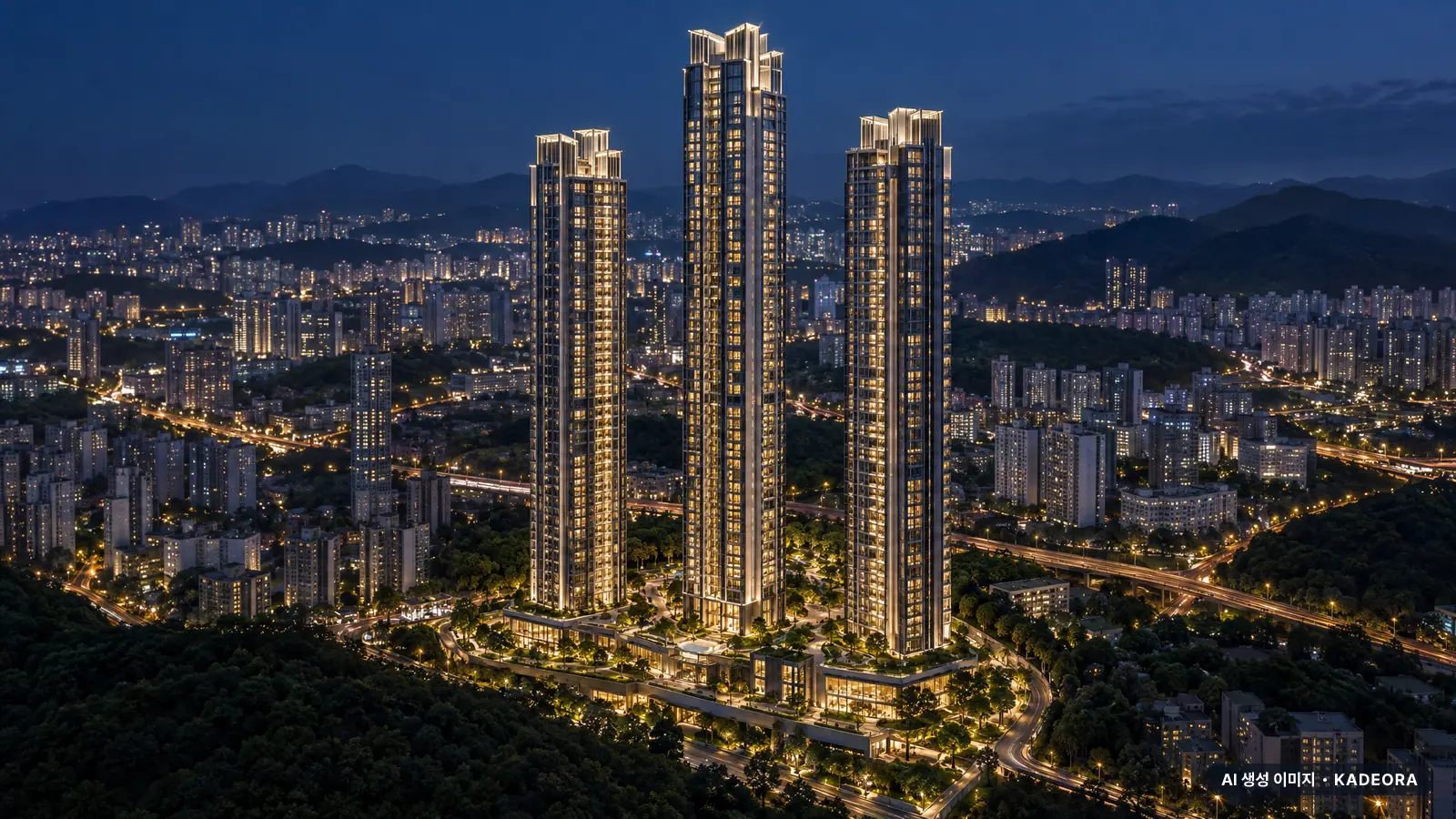 블랑 써밋 74 최고 69층·총 998세대 기준 AI 상상도(야경) — 실제와 다를 수 있음