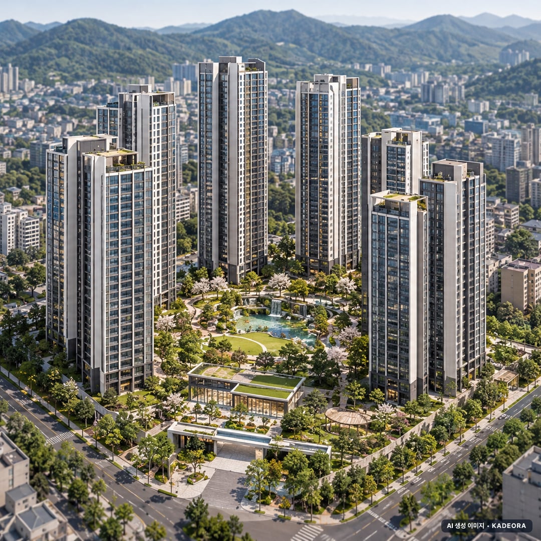 울산 중구 복산동 재개발 주간 항공 상상도 · AI 생성 이미지로 실제와 다를 수 있음 울산 중구 복산동 재개발 단지 전경 AI 상상도(주간 항공) — 중구