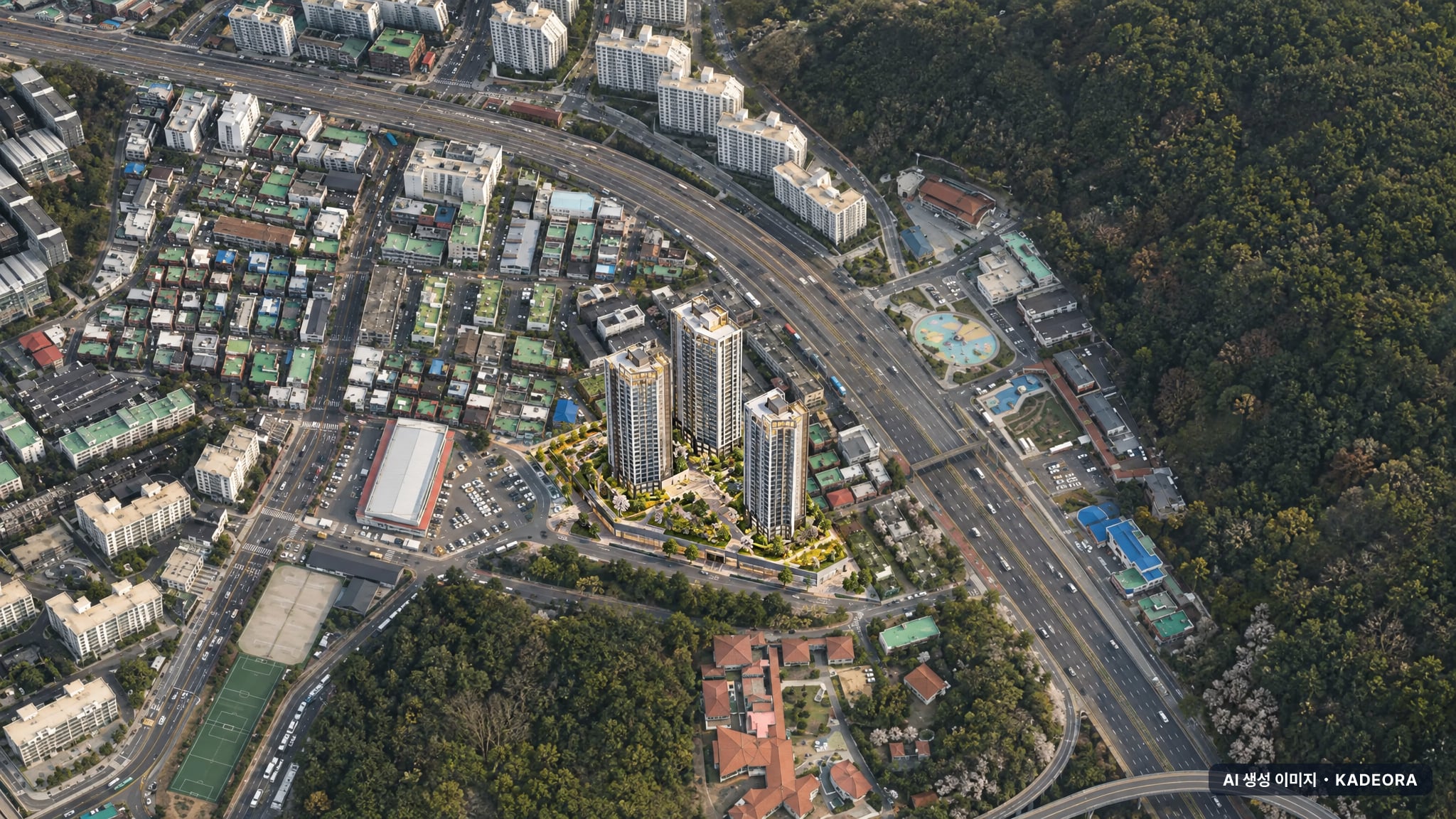 안양시 향림아파트 조감도 AI 상상도(주간 항공) — 경기 안양시 관리처분인가 271세대