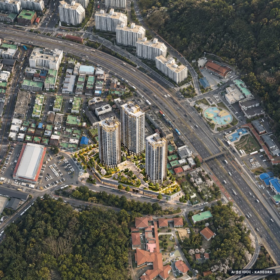 안양시 향림아파트 조감도 AI 상상도(주간 항공) — 경기 안양시 관리처분인가 271세대