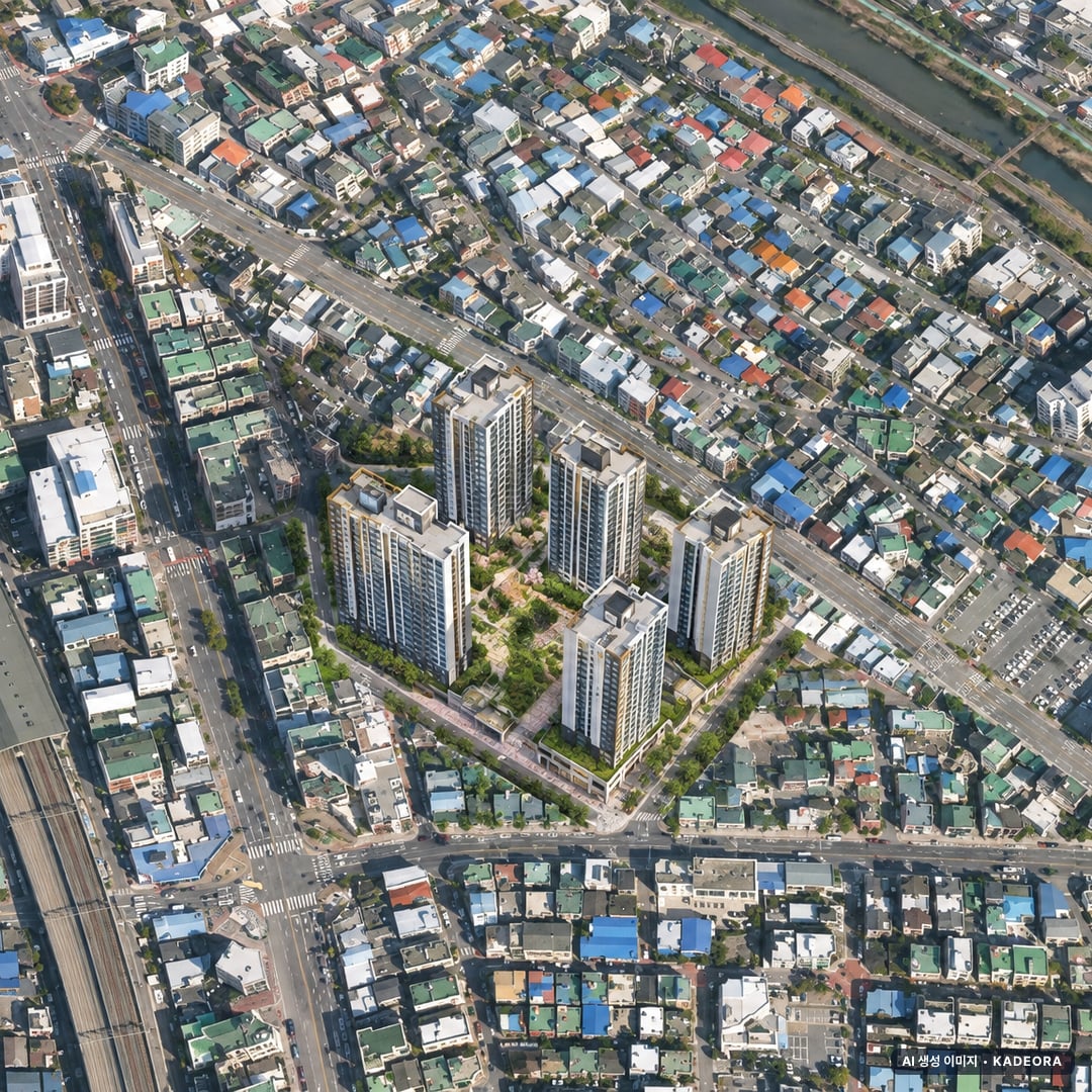 의정부시 가재울구역 조감도 AI 상상도(주간 항공) — 경기 의정부시 부지계획 662세대