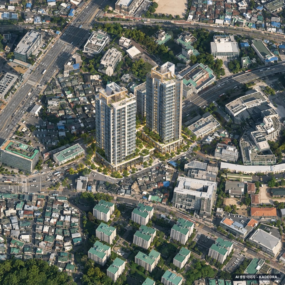 충정로역자이르네 주간 항공 상상도 · AI 생성 이미지로 실제와 다를 수 있음 충정로역자이르네 단지 전경 AI 상상도(주간 항공) — 서울 중구 착공 186세대