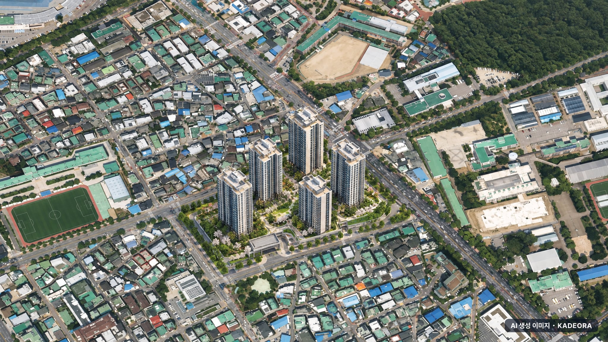 수원시 111-3 단지 전경 AI 상상도(주간 항공) — 경기 수원시 관리처분인가 494세대