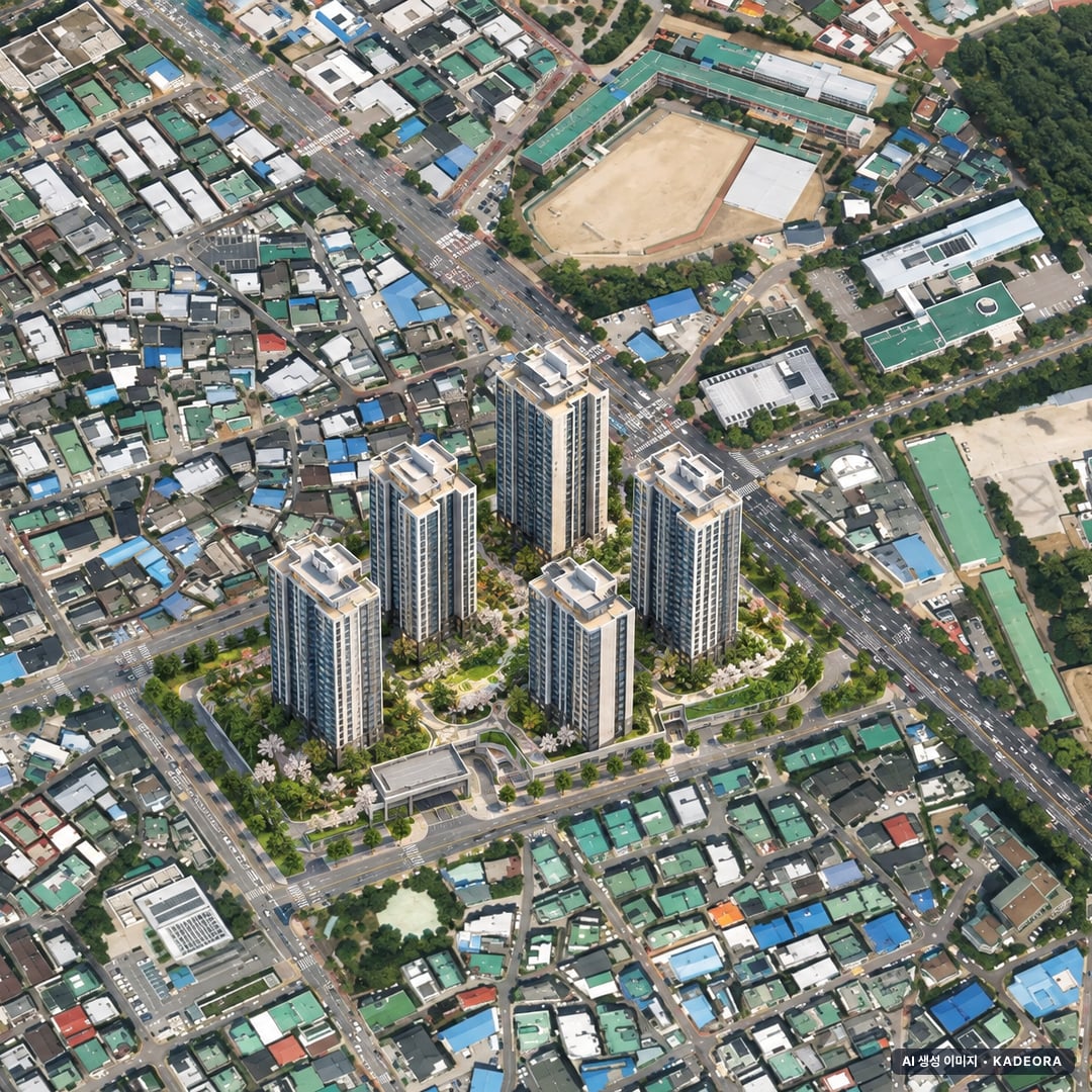 수원시 111-3 조감도 AI 상상도(주간 항공) — 경기 수원시 관리처분인가 494세대