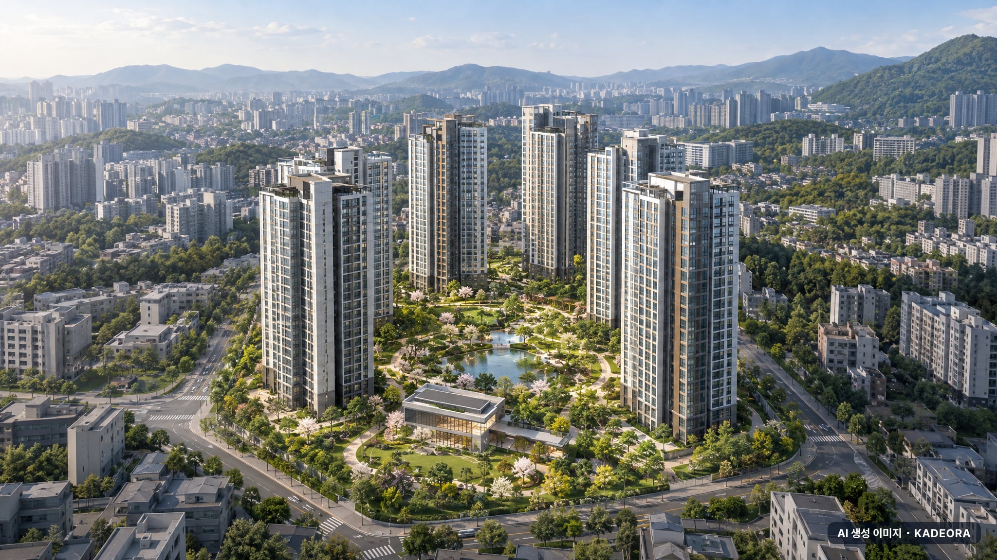신월3구역 주간 항공 상상도 · AI 생성 이미지로 실제와 다를 수 있음 신월3구역 조감도 AI 상상도(주간 항공) — 경남 창원시 착공