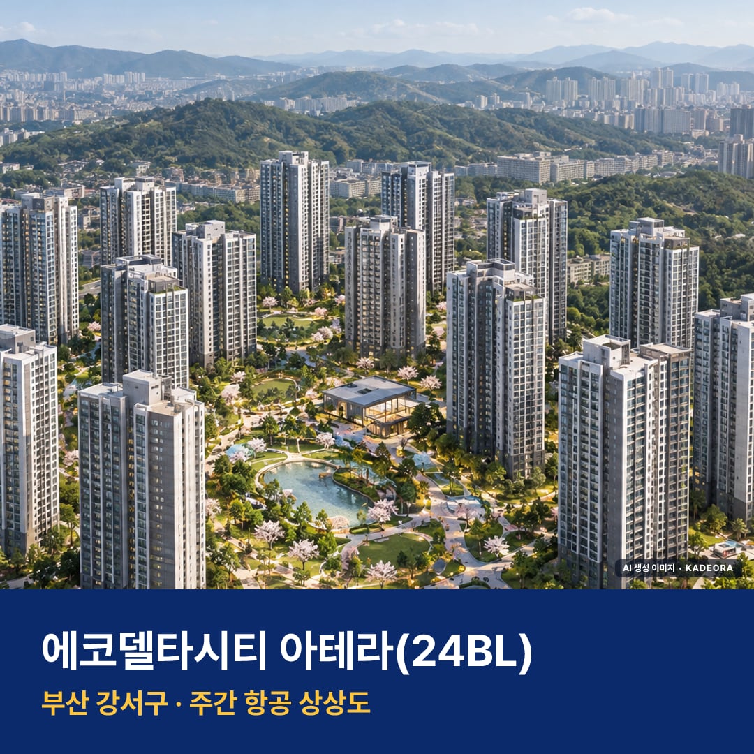상상도 · AI 생성 이미지로 실제와 다를 수 있음 에코델타시티 아테라(24BL) 단지 전경 AI 상상도 — 강서구 강동동 1,025세대