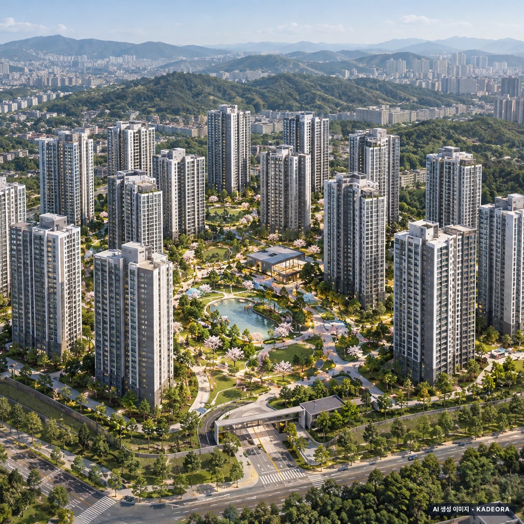 에코델타시티 아테라(24BL) 단지 전경 AI 상상도(주간 항공) — 부산 강서구 착공 1,025세대