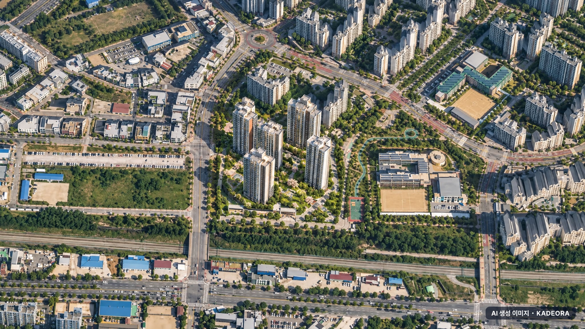 전북 전주 에코시티 더샵 주간 항공 상상도 · AI 생성 이미지로 실제와 다를 수 있음 전북 전주 에코시티 더샵 단지 전경 AI 상상도(주간 항공) — 전주시 760세대