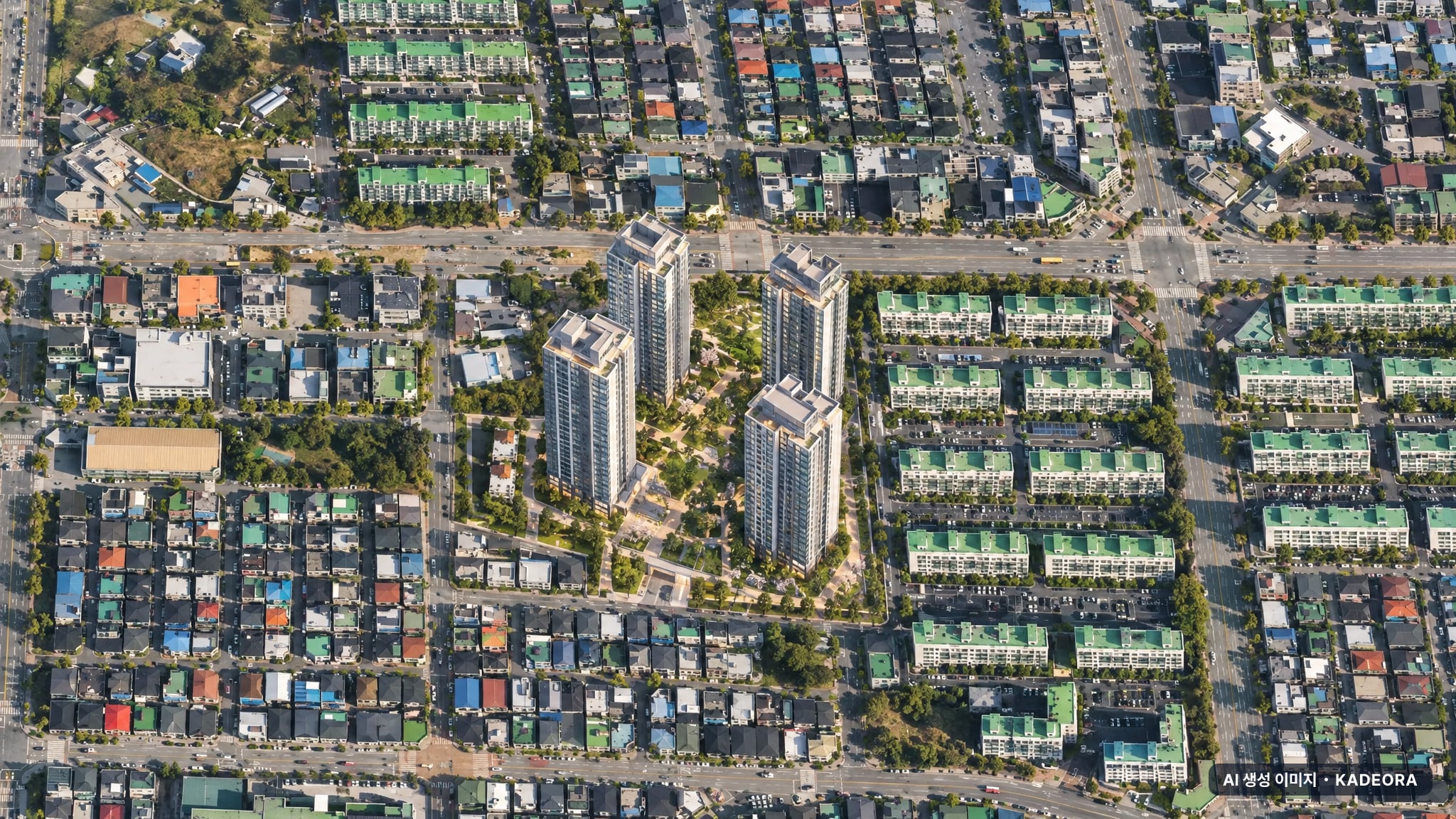 충주연수 경남아너스빌 센터원 주간 항공 상상도 · AI 생성 이미지로 실제와 다를 수 있음 충주연수 경남아너스빌 센터원 단지 전경 AI 상상도(주간 항공) — 충북 충주시 착공 243세대