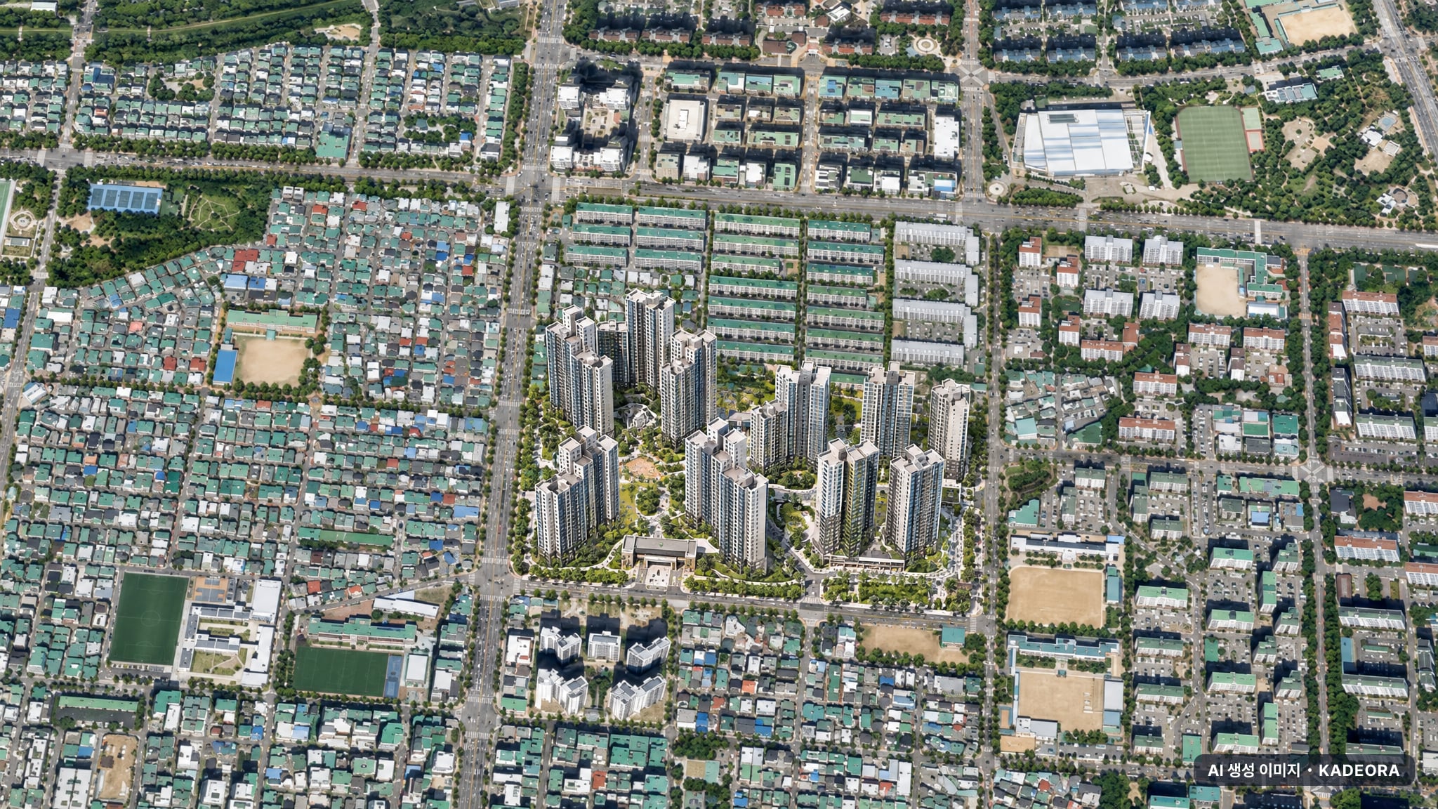 인천 부개동 재건축 단지 전경 AI 상상도(주간 항공) — 인천 부평구 부지계획 3,100세대
