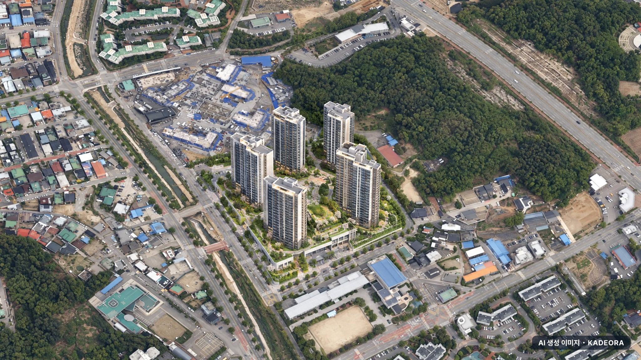 춘천 아테라 에듀파크 단지 전경 AI 상상도(주간 항공) — 강원 춘천시 착공 477세대
