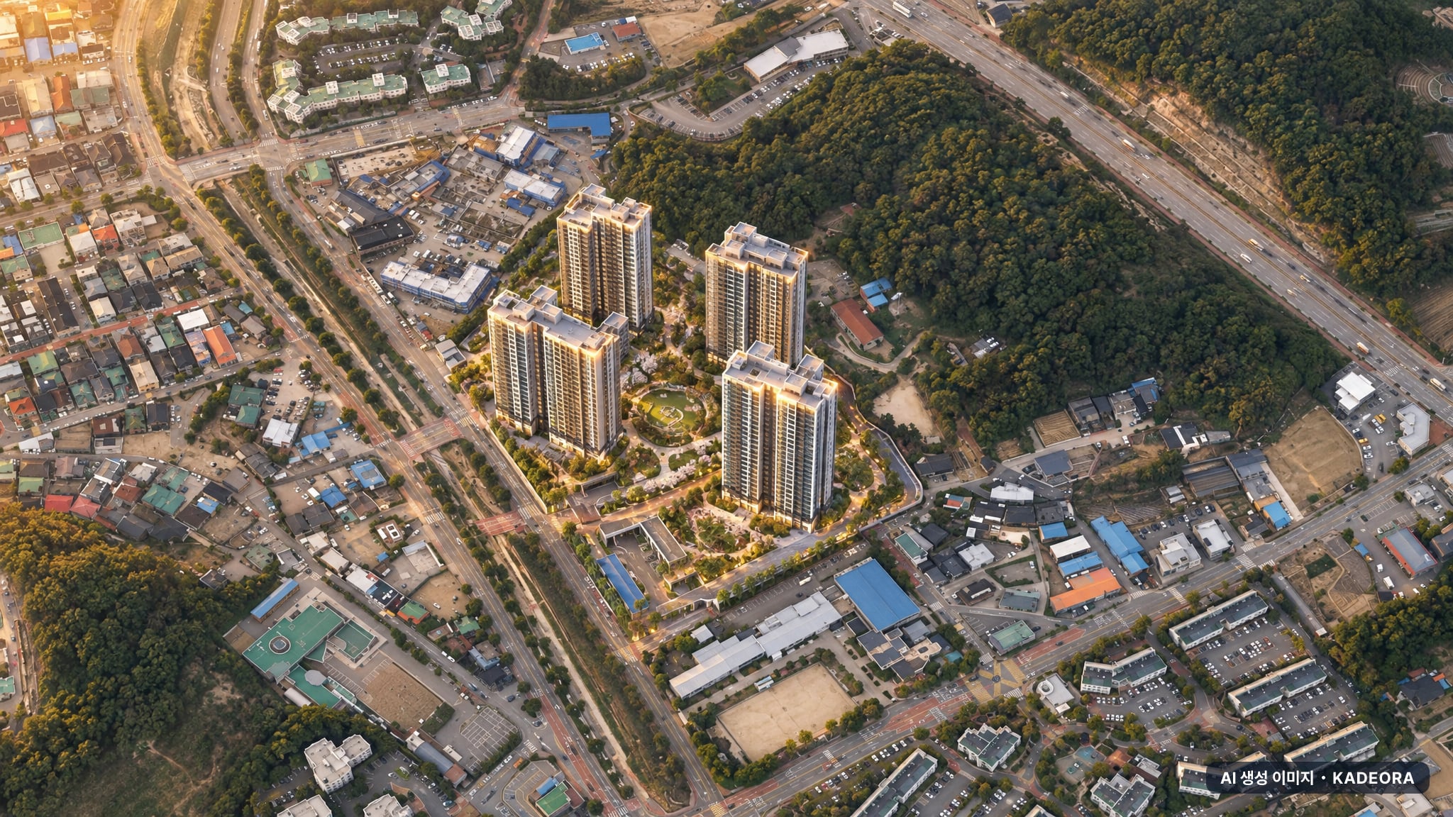 춘천 아테라 에듀파크 4개동·최고 29층·총 477세대 기준 AI 상상도(노을 항공) — 실제와 다를 수 있음
