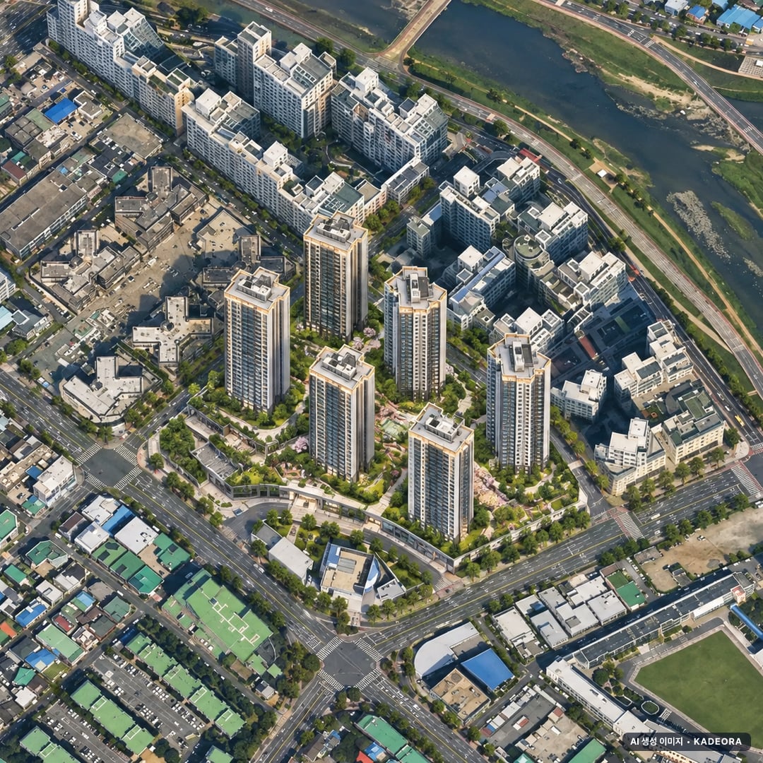 대전 하늘채 루시에르(1회차) 단지 전경 AI 상상도(주간 항공) — 대전 중구 착공 657세대