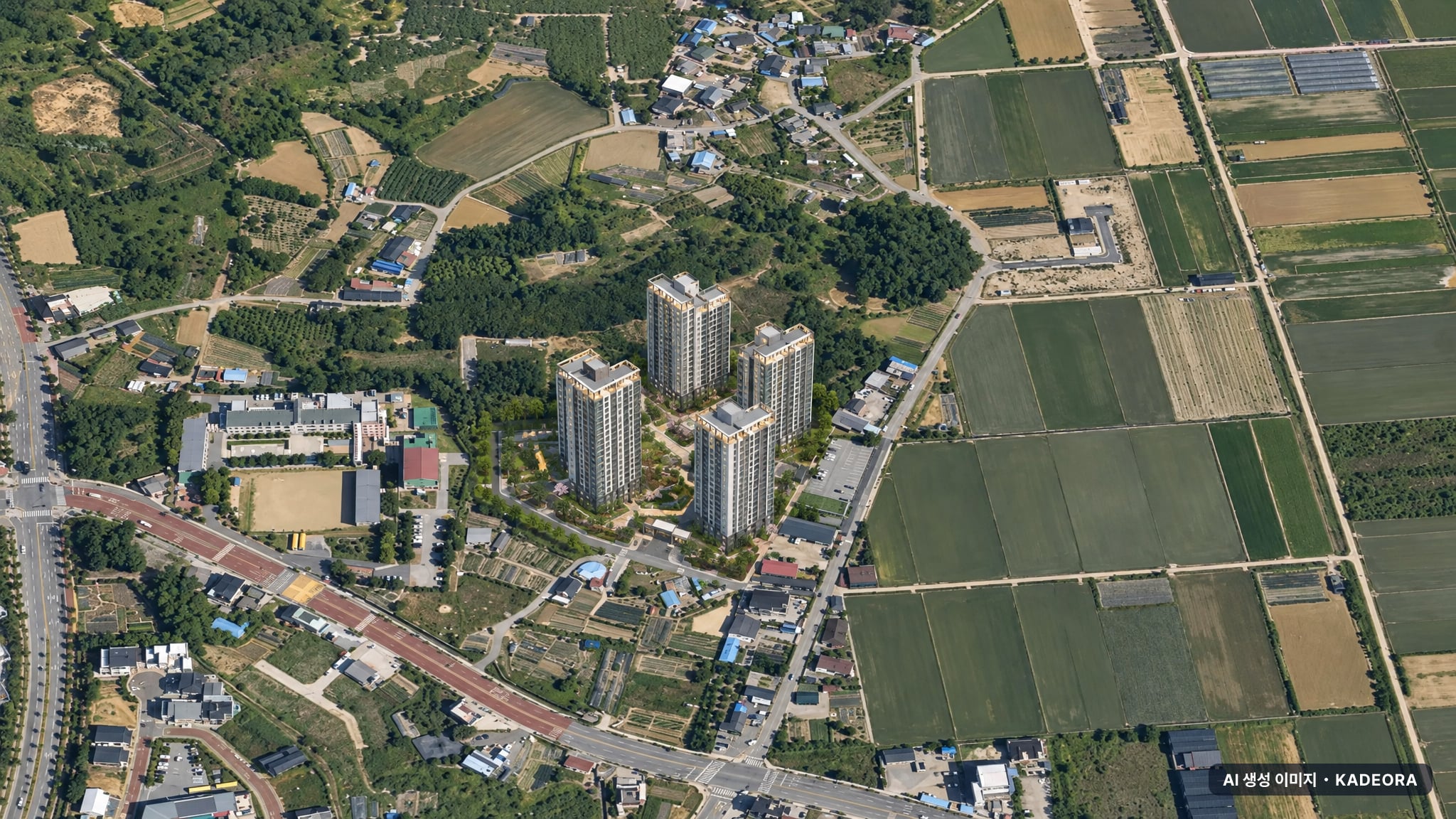 전주 에코시티 더 클래스 주간 항공 상상도 · AI 생성 이미지로 실제와 다를 수 있음 전주 에코시티 더 클래스 단지 전경 AI 상상도(주간 항공) — 전북 전주시 착공 48세대