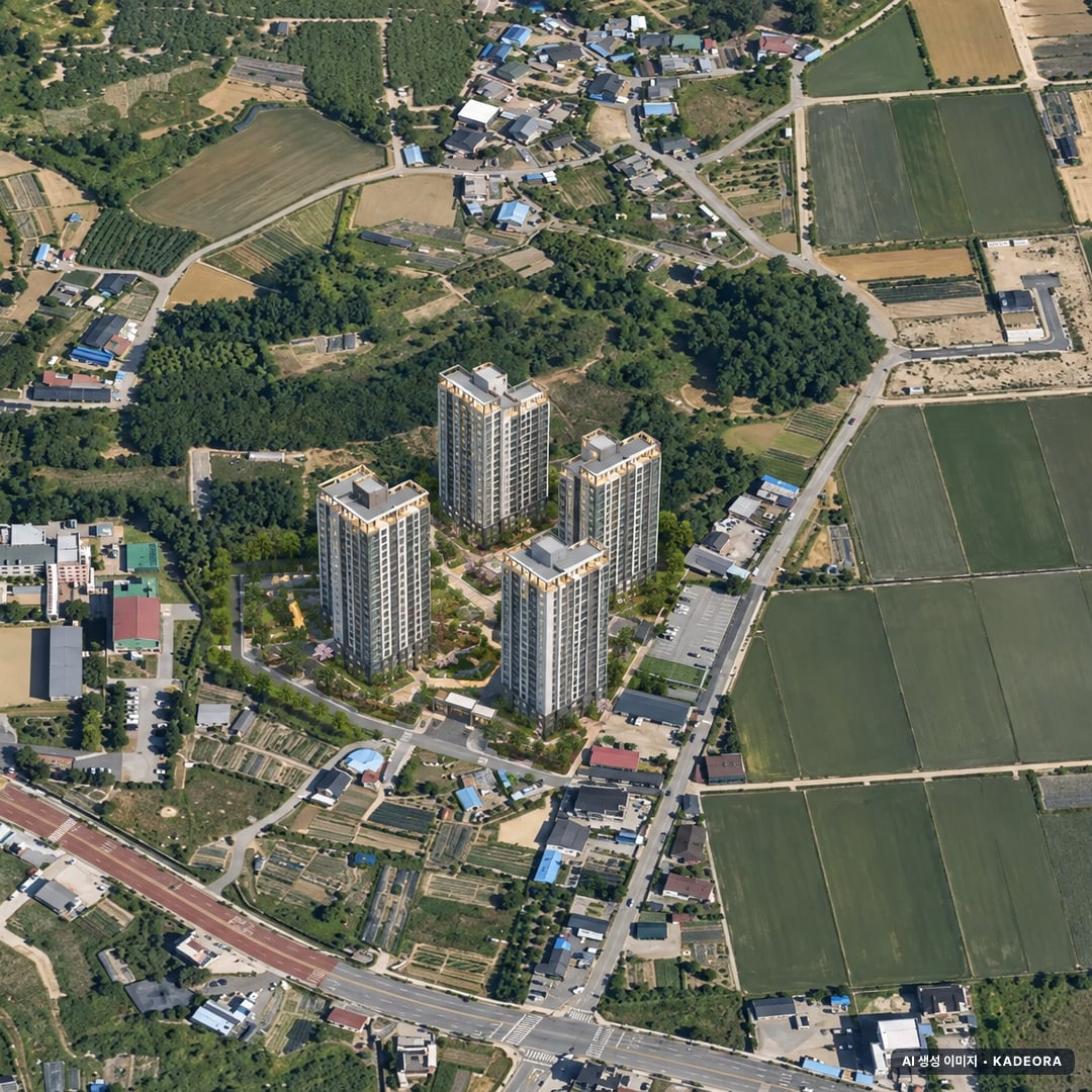 전주 에코시티 더 클래스 주간 항공 상상도 · AI 생성 이미지로 실제와 다를 수 있음 전주 에코시티 더 클래스 단지 전경 AI 상상도(주간 항공) — 전북 전주시 착공 48세대