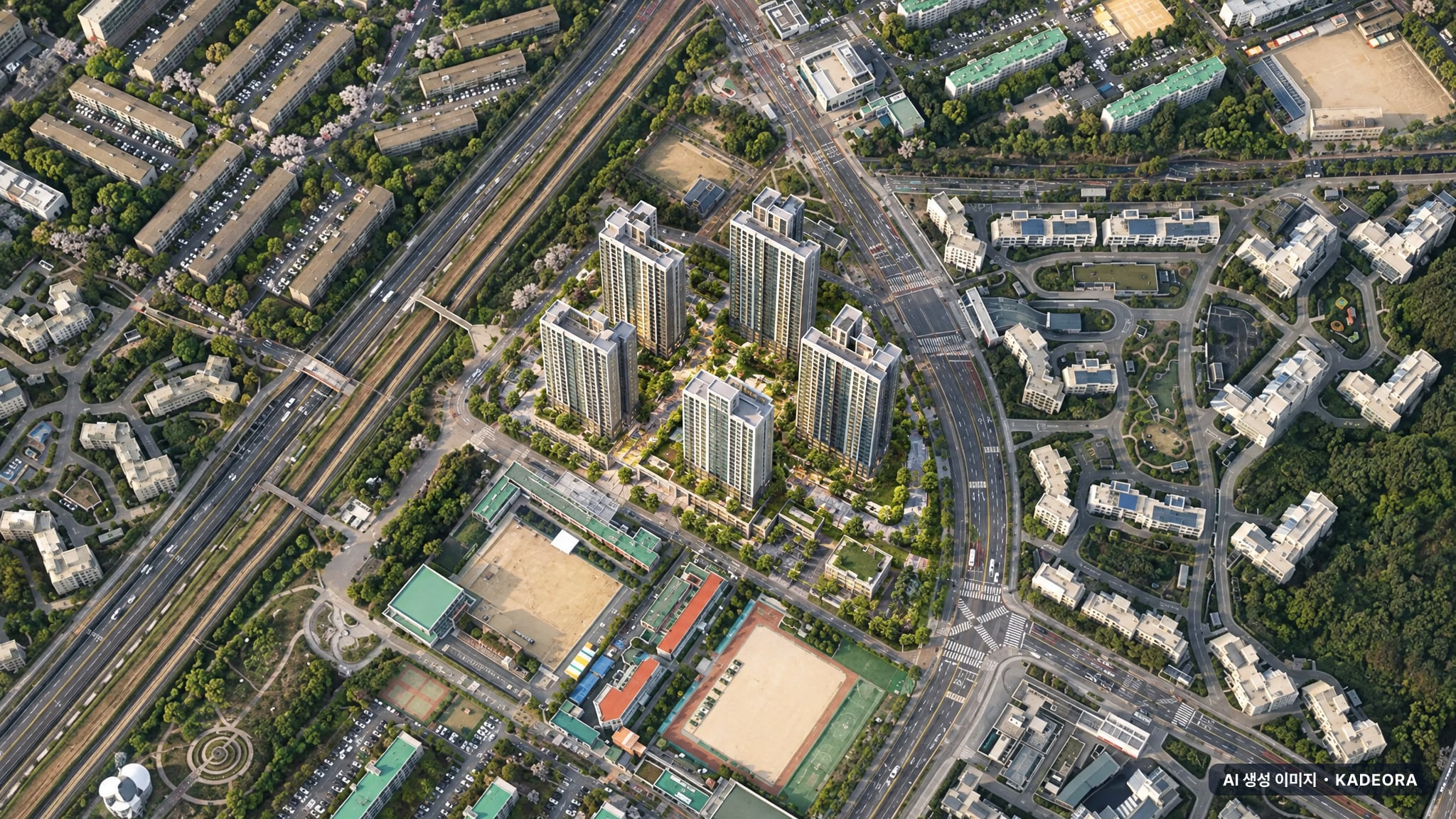 과천 디에트르 퍼스티지(S2BL) 단지 전경 AI 상상도(주간 항공) — 경기 과천시 착공 740세대
