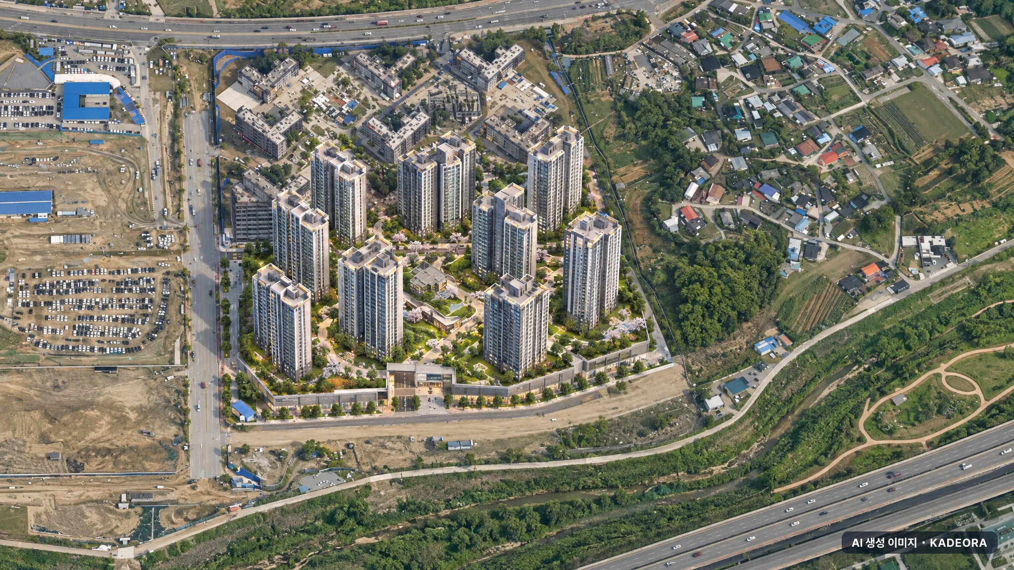 더샵 탕정인피니티시티 단지 전경 AI 상상도(주간 항공) — 충남 아산시 착공 1,140세대