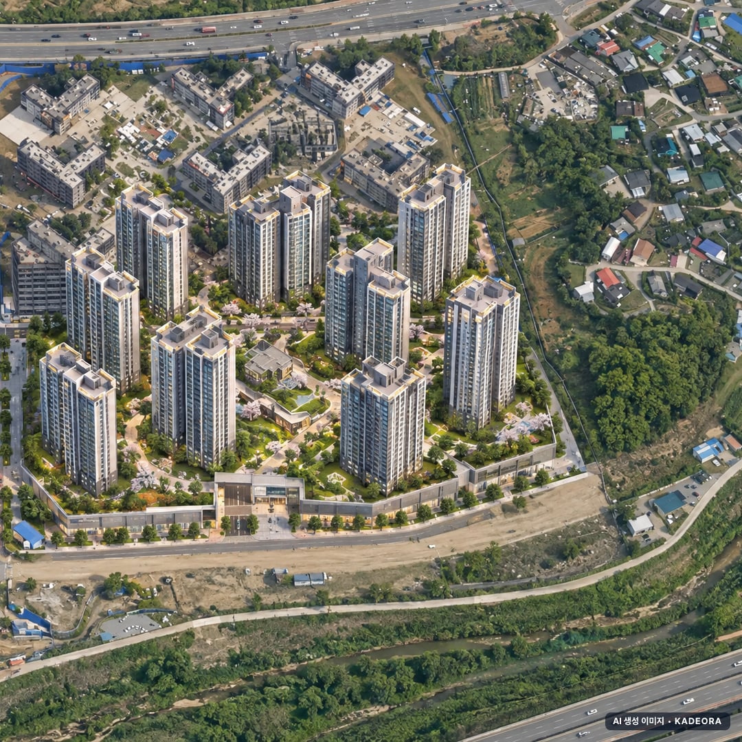 더샵 탕정인피니티시티 8개동·최고 35층·총 1,140세대 기준 AI 상상도(주간 항공) — 실제와 다를 수 있음