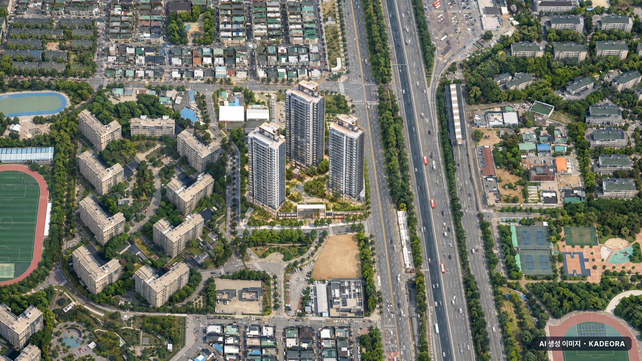수지자이 에디시온 단지 전경 AI 상상도(주간 항공) — 경기 용인시 착공 480세대