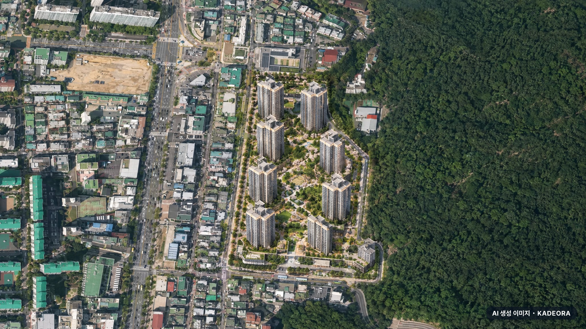더샵 금정위버시티 주간 항공 상상도 · AI 생성 이미지로 실제와 다를 수 있음 더샵 금정위버시티 단지 전경 AI 상상도(주간 항공) — 부산 금정구 착공 308세대