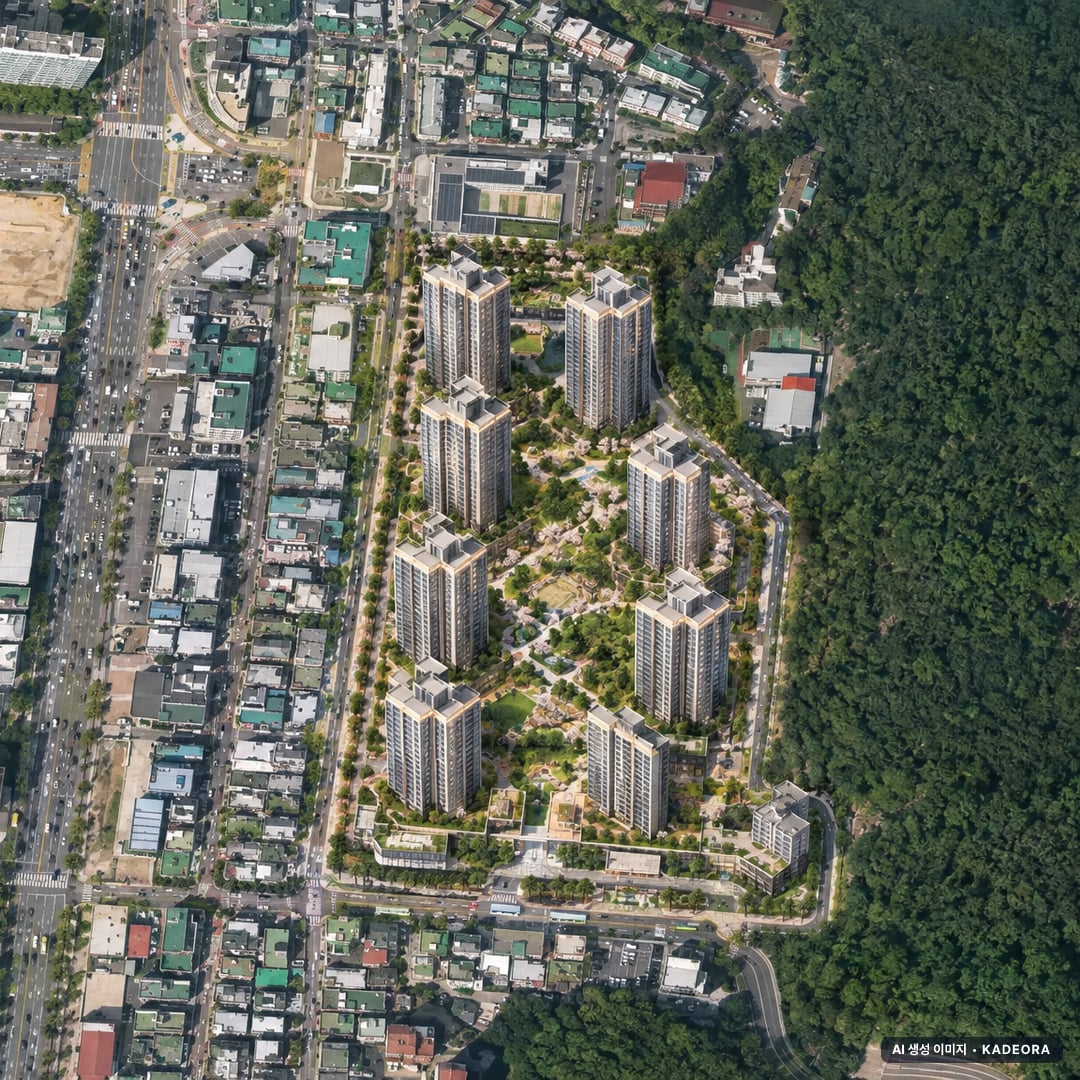 더샵 금정위버시티 단지 전경 AI 상상도(주간 항공) — 부산 금정구 착공 308세대