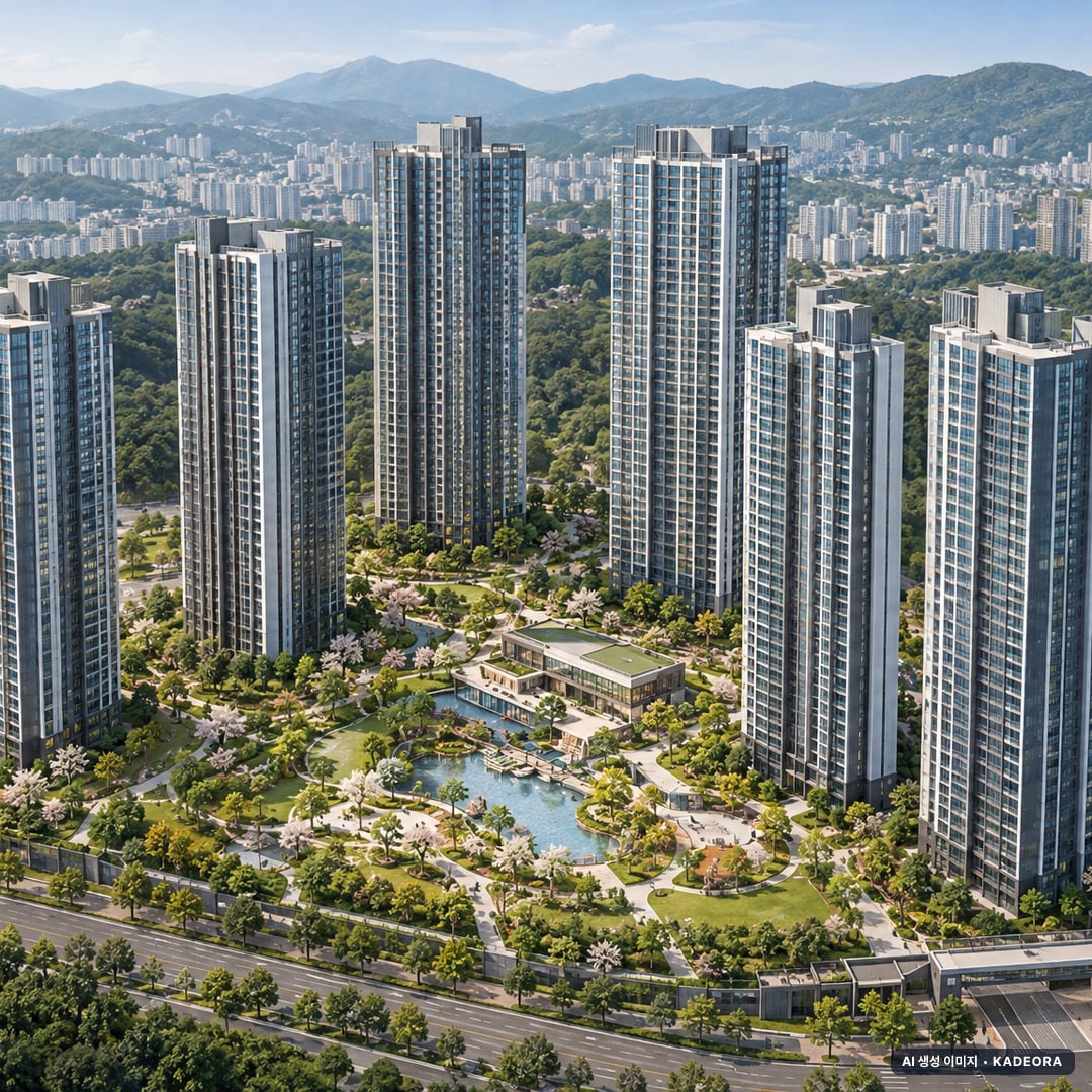 신천역 에피트(2차) 6개동·최고 47층·총 1,297세대(이번 15세대 공급) 기준 AI 상상도(주간 항공) — 실제와 다를 수 있음