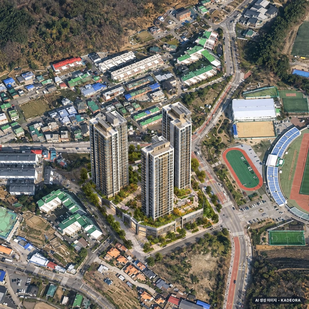 동두천시 생연동 국민주택 조감도 AI 상상도(주간 항공) — 경기 동두천시 조합설립 258세대