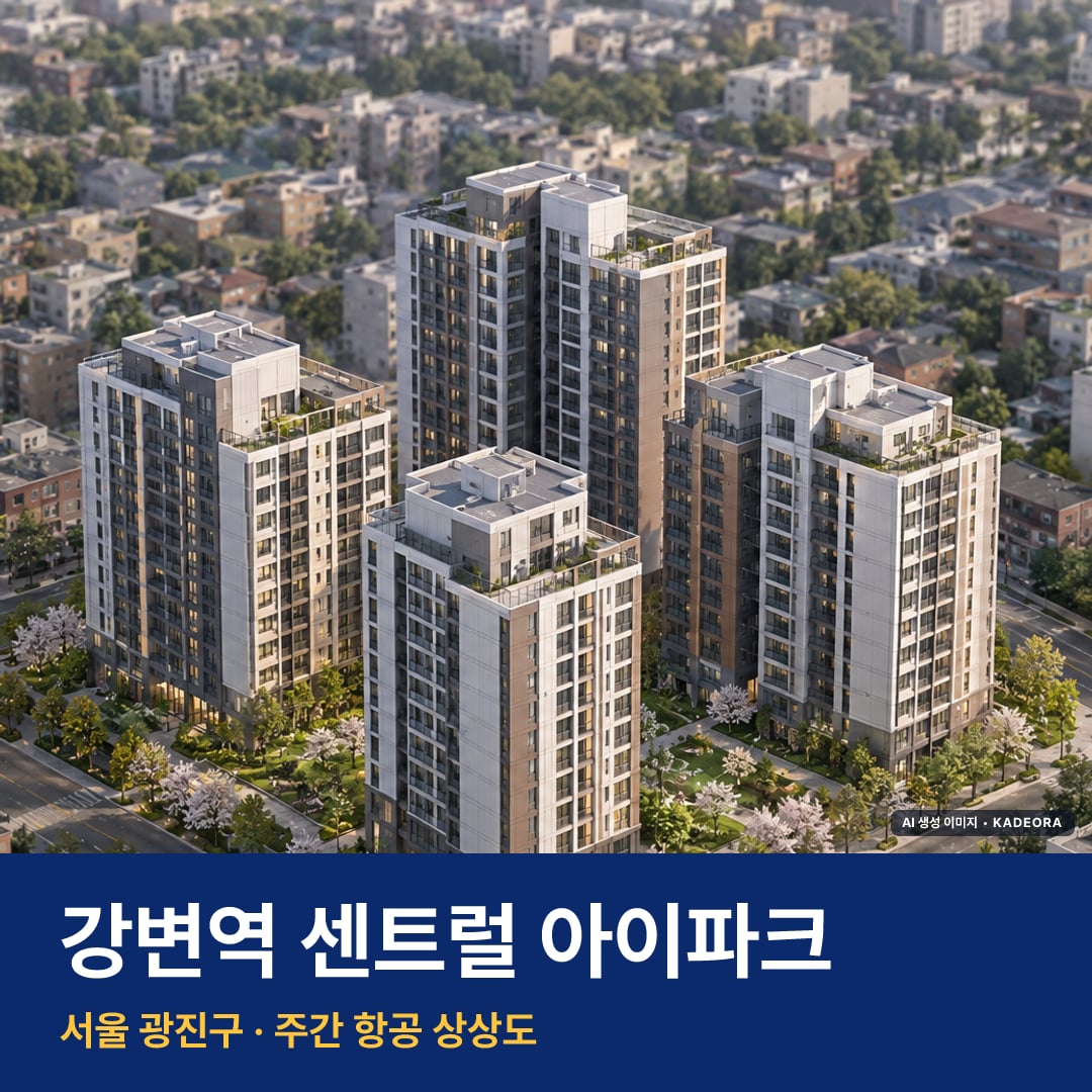 상상도 · AI 생성 이미지로 실제와 다를 수 있음 강변역 센트럴 아이파크 입주 강변역 센트럴 아이파크 단지 전경 AI 상상도 — 광진구 구의동 68세대