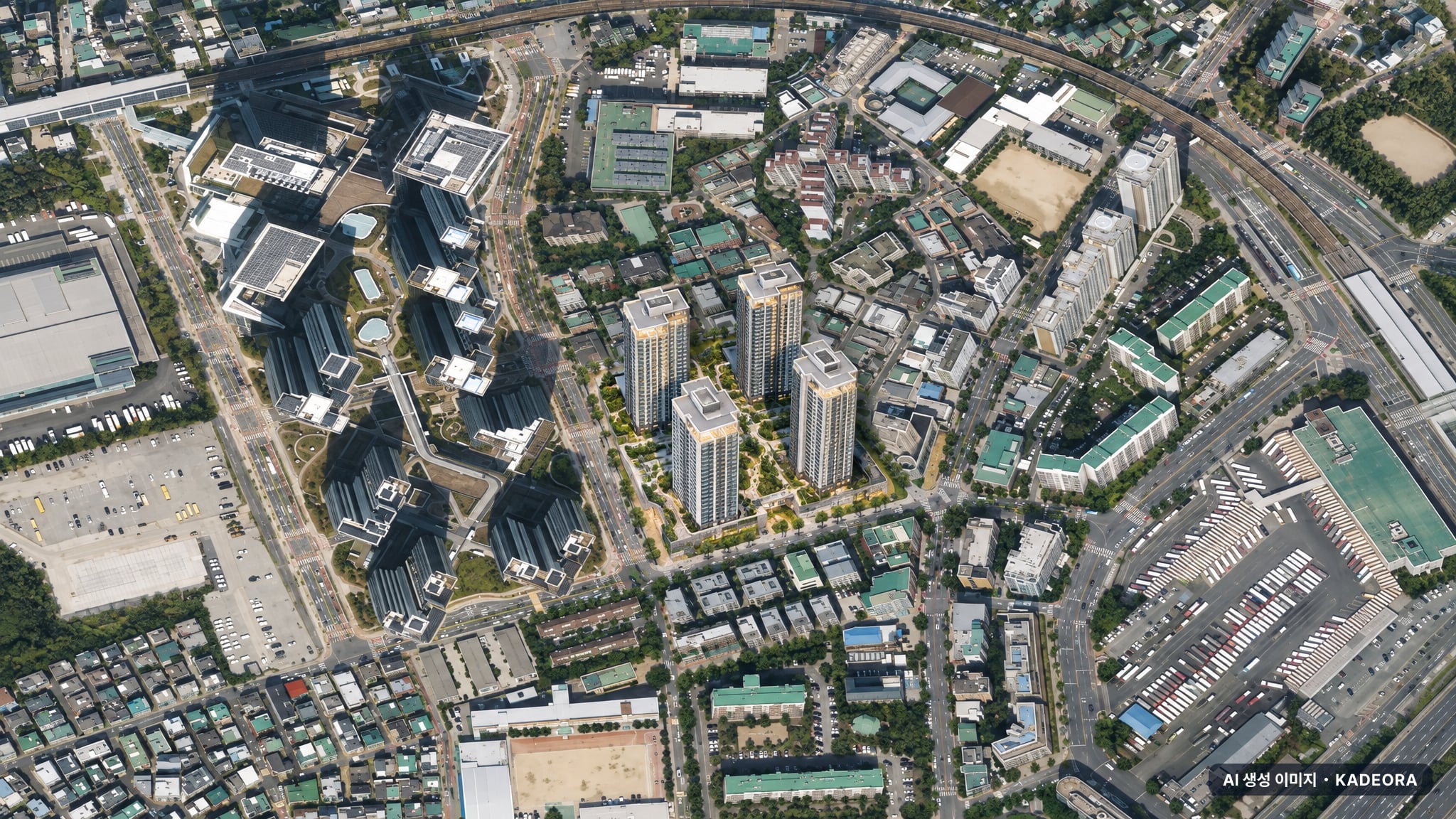 강변역 센트럴 아이파크 단지 전경 AI 상상도(주간 항공) — 서울 광진구 착공 68세대