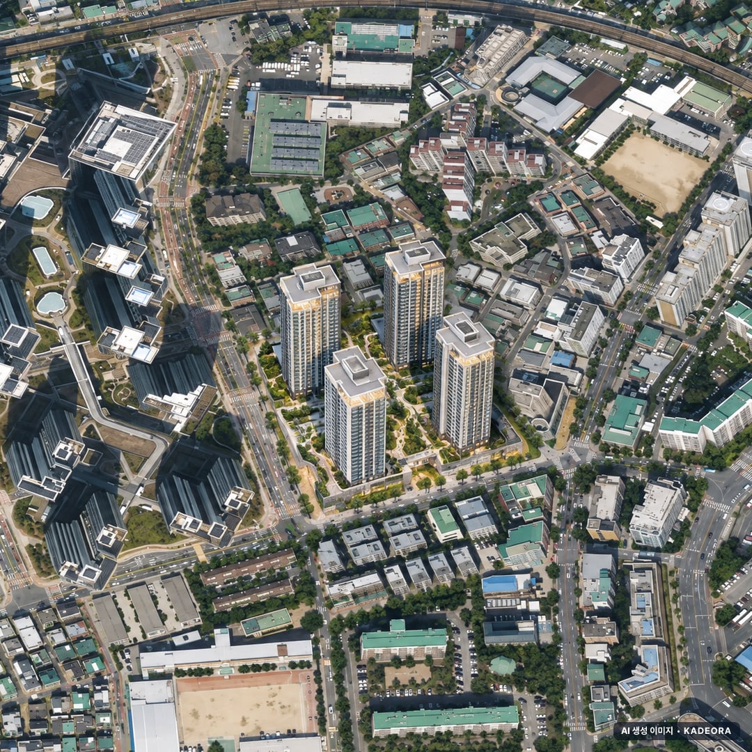 강변역 센트럴 아이파크 단지 전경 AI 상상도(주간 항공) — 서울 광진구 착공 68세대
