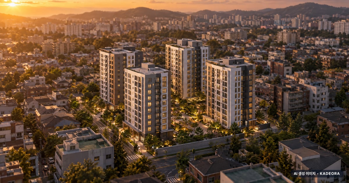 강변역 센트럴 아이파크 4개동·최고 15층·총 215세대(이번 68세대 공급) 기준 AI 상상도(노을 항공) — 실제와 다를 수 있음