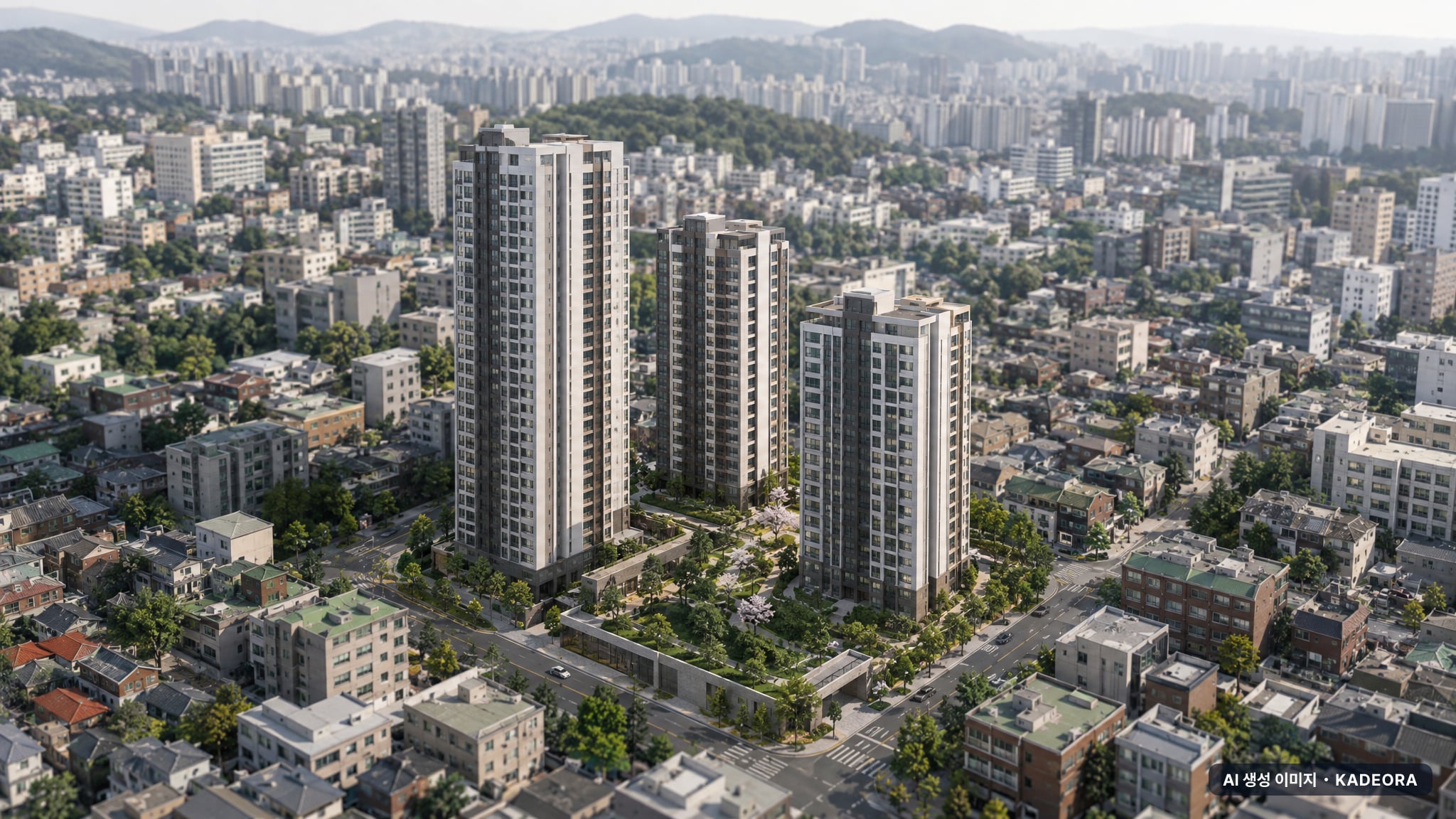 부산 사하구 괴정2 재건축 총 327세대 기준 AI 상상도(주간 항공) — 실제와 다를 수 있음