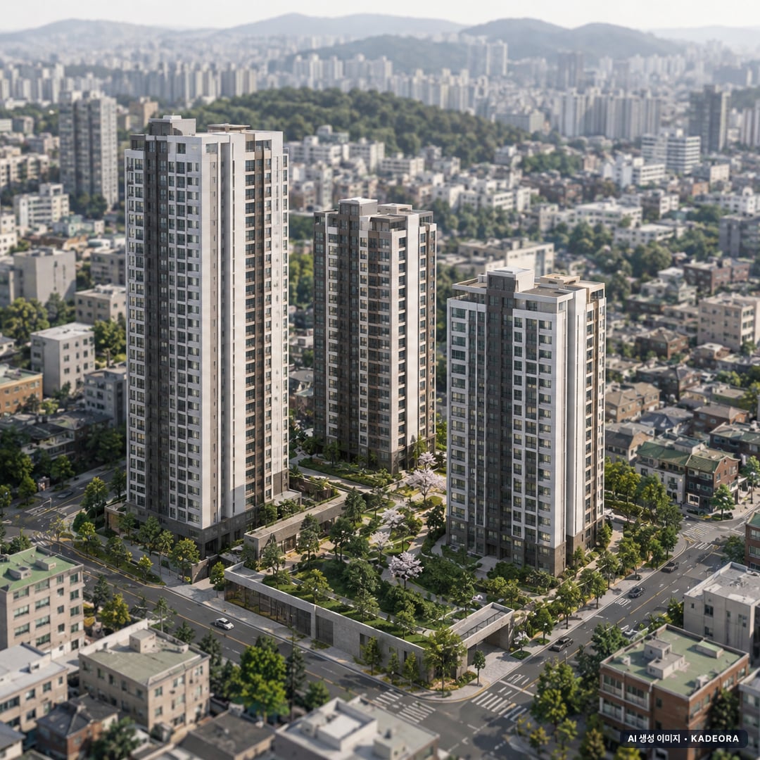 부산 사하구 괴정2 재건축 총 327세대 기준 AI 상상도(주간 항공) — 실제와 다를 수 있음