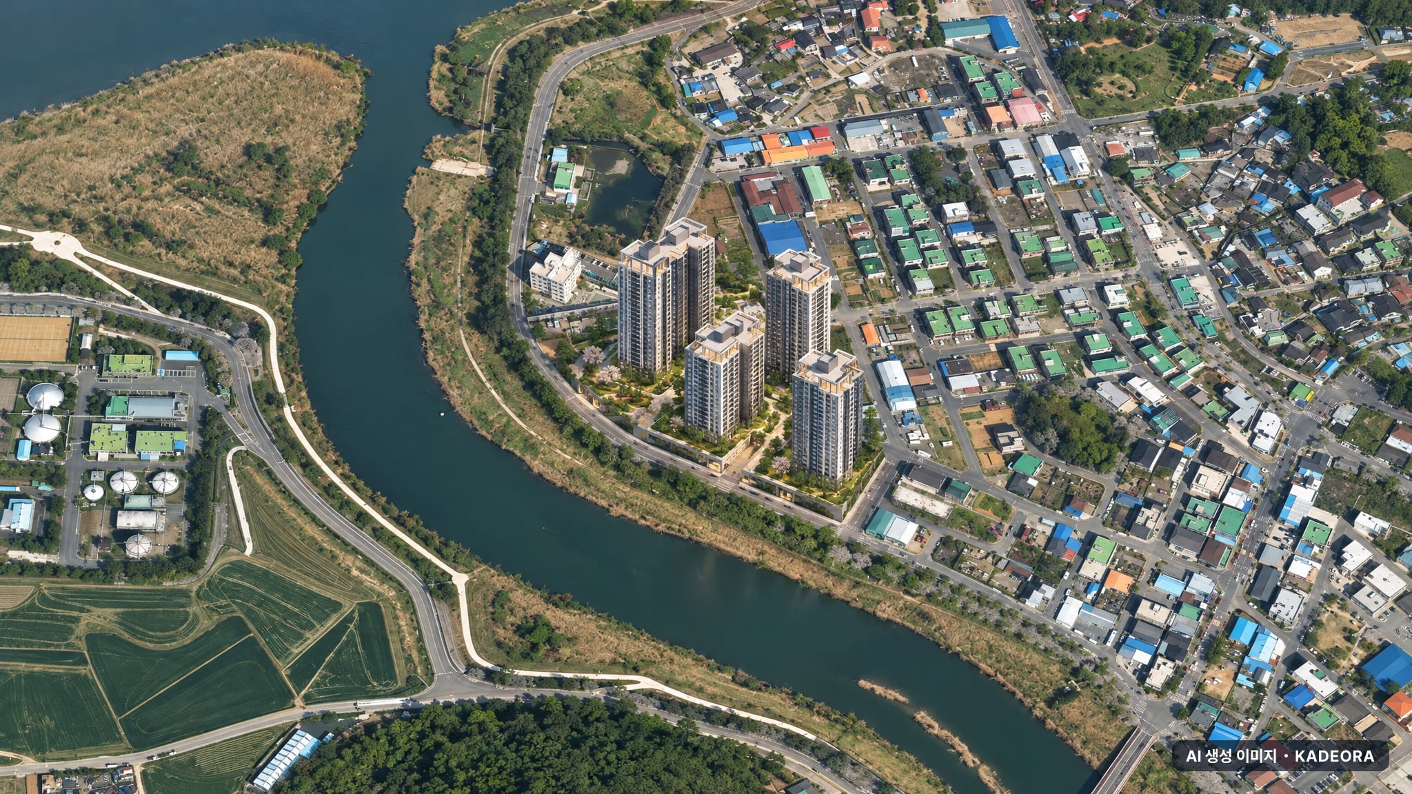 나주영산 윤슬의아침 더정원 단지 전경 AI 상상도(주간 항공) — 전남 나주시 착공 140세대
