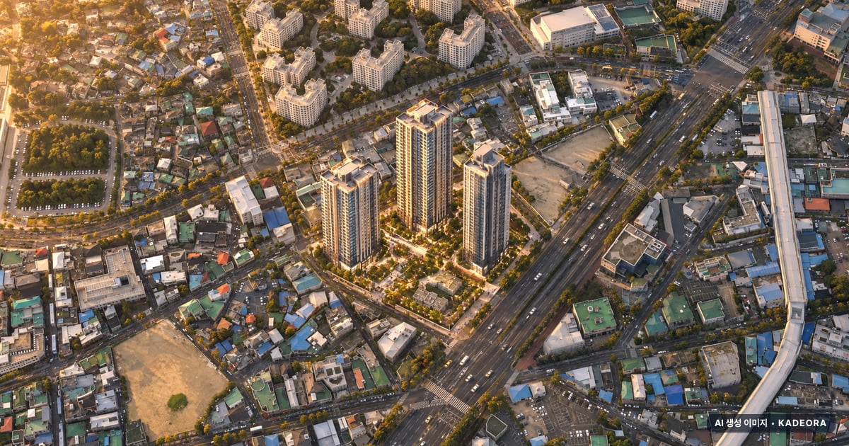 번영로 롯데캐슬 센트럴스카이 3개동·최고 49층·총 634세대 기준 AI 상상도(노을 항공) — 실제와 다를 수 있음