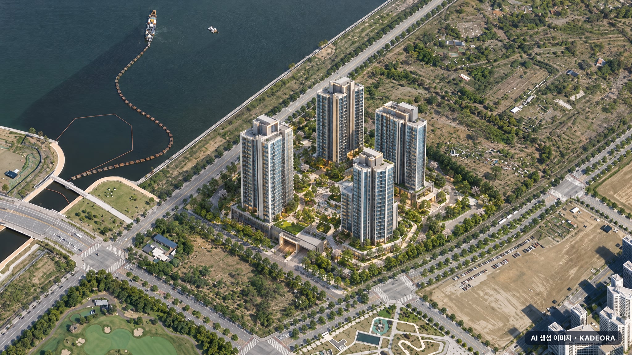더샵 송도그란테르 G5-11블록 단지 전경 AI 상상도(주간 항공) — 인천 연수구 착공 318세대