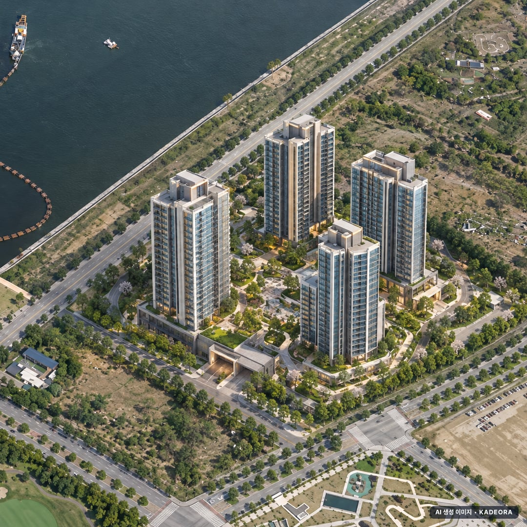 더샵 송도그란테르 G5-11블록 단지 전경 AI 상상도(주간 항공) — 인천 연수구 착공 318세대