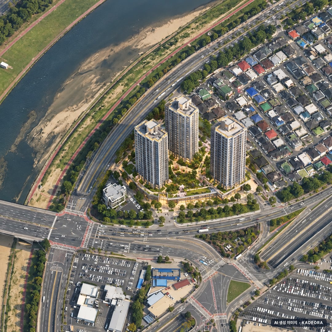 둔산 해링턴 플레이스 리버파크 단지 전경 AI 상상도(주간 항공) — 대전 서구 착공 336세대