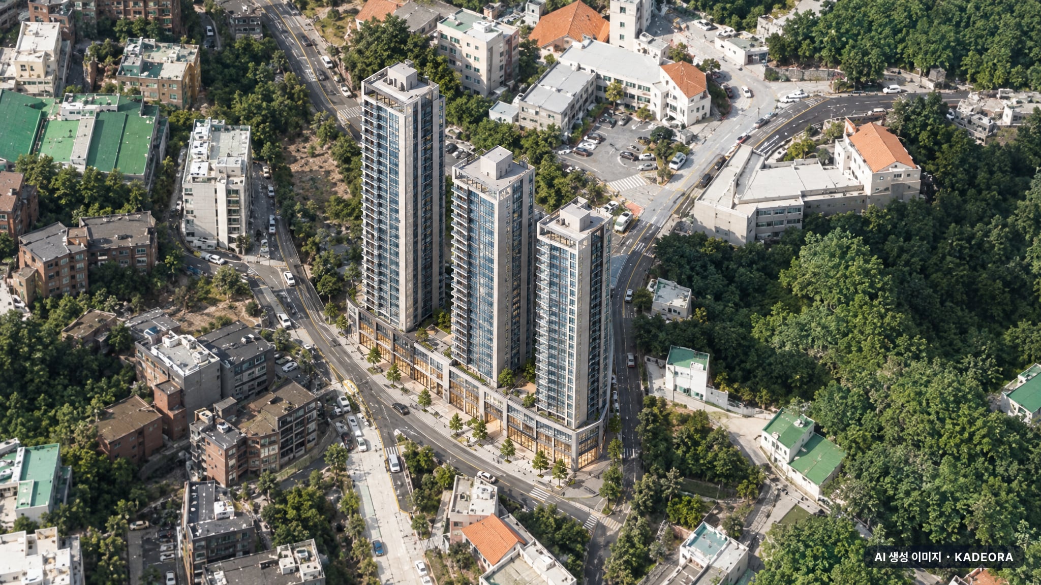파주 운정3지구 주상복합용지 6BL (사전청약) 3개동·최고 37층·총 396세대(이번 340세대 공급) 기준 AI 상상도(주간 항공) — 실제와 다를 수 있음
