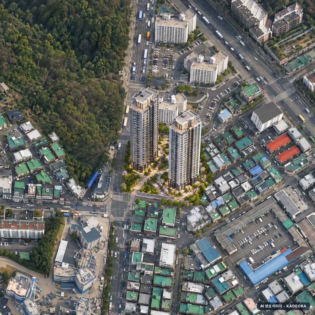 만안역 중앙하이츠 포레 주간 항공 상상도 · AI 생성 이미지로 실제와 다를 수 있음 만안역 중앙하이츠 포레 단지 전경 AI 상상도(주간 항공) — 경기 안양시 착공 47세대