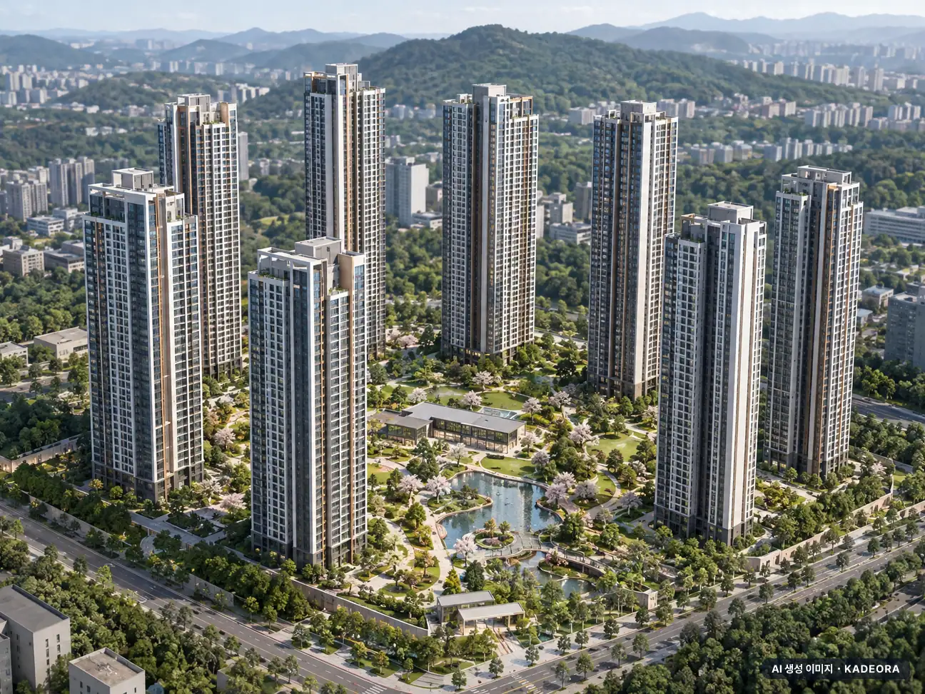 도안자이 센텀리체 1단지 8개동·최고 42층·총 1,209세대(이번 946세대 공급) 기준 AI 상상도(주간 항공) — 실제와 다를 수 있음