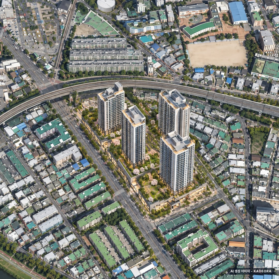동래 롯데캐슬 시그니처 단지 전경 AI 상상도(주간 항공) — 부산 동래구 착공 164세대
