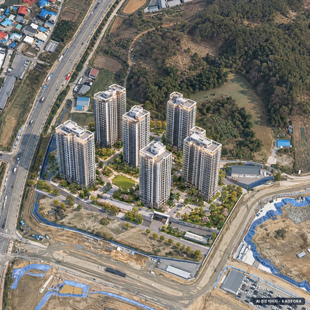 아산탕정자이 퍼스트시티 6개동·최고 35층·총 797세대 기준 AI 상상도(주간 항공) — 실제와 다를 수 있음