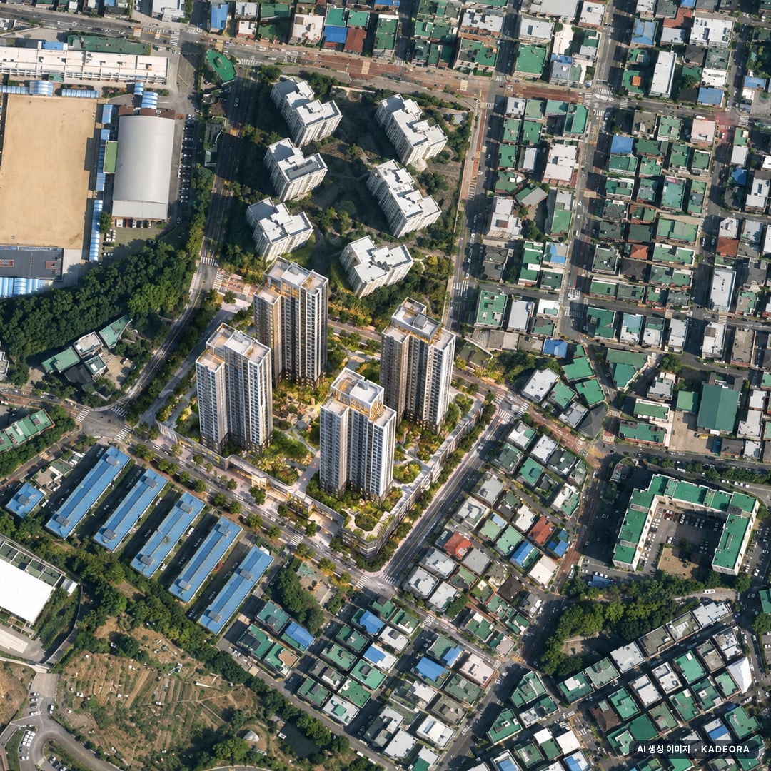 부천시 심곡본동 제1 조감도 AI 상상도(주간 항공) — 경기 부천시 부지계획 379세대