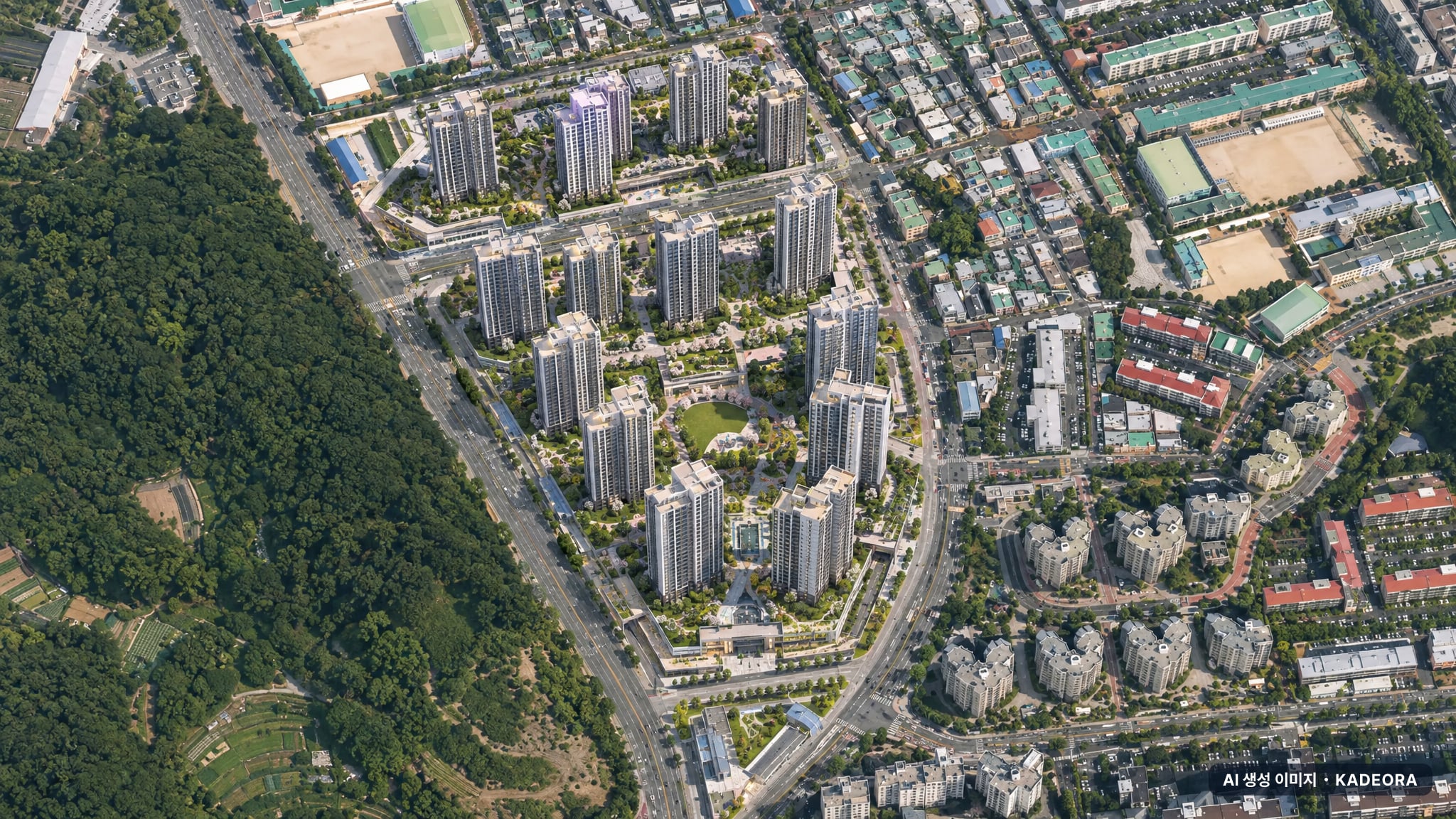 라엘에스 주간 항공 상상도 · AI 생성 이미지로 실제와 다를 수 있음 라엘에스 단지 전경 AI 상상도(주간 항공) — 울산 남구 착공 1,073세대