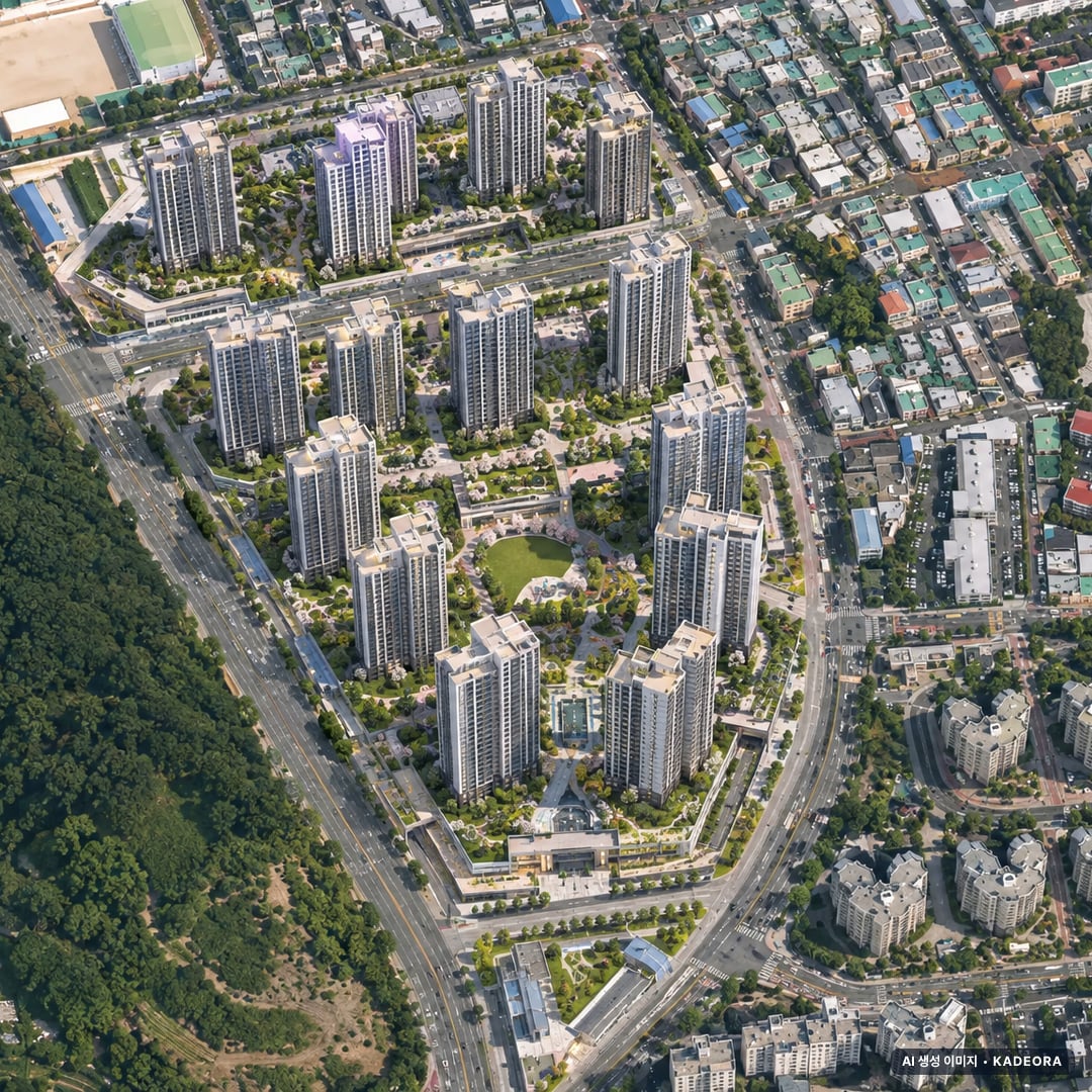 라엘에스 주간 항공 상상도 · AI 생성 이미지로 실제와 다를 수 있음 라엘에스 단지 전경 AI 상상도(주간 항공) — 울산 남구 착공 1,073세대
