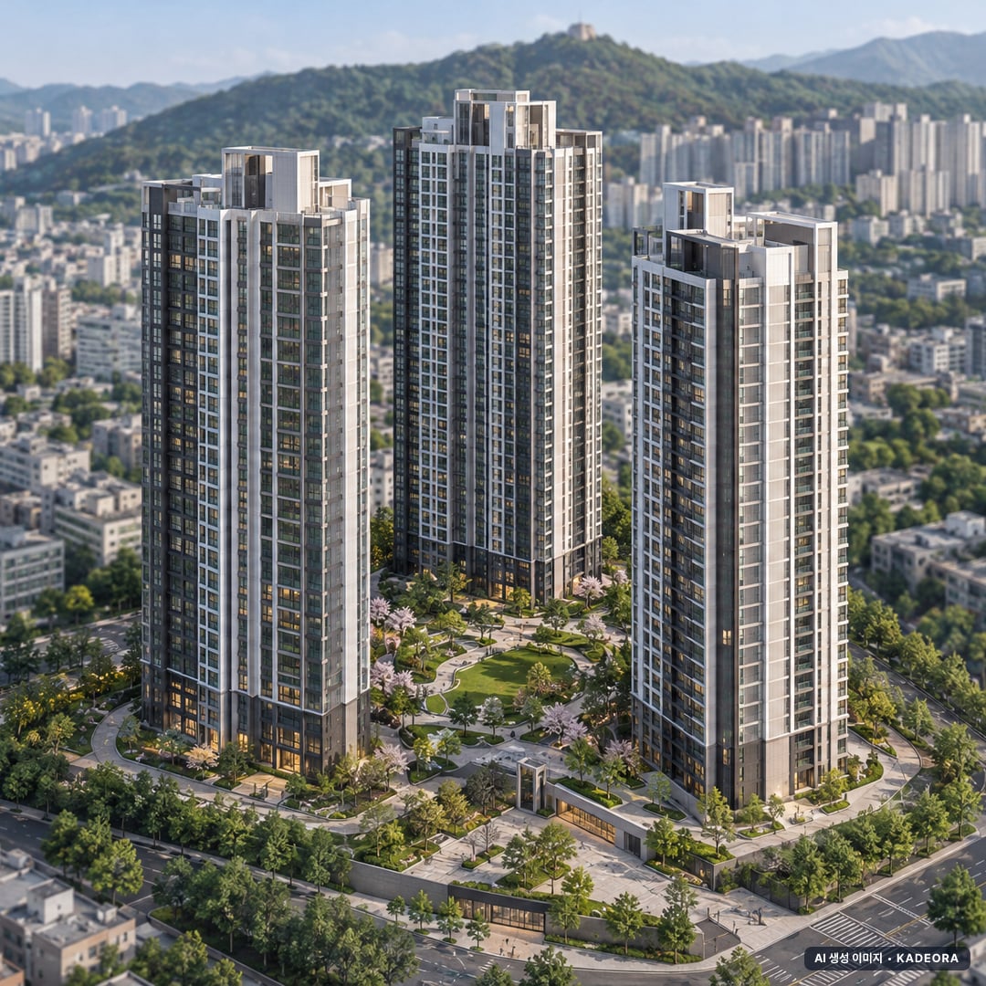 한일시멘트 이전부지 공동주택 3개동·최고 39층·총 493세대 기준 AI 상상도(주간 항공) — 실제와 다를 수 있음